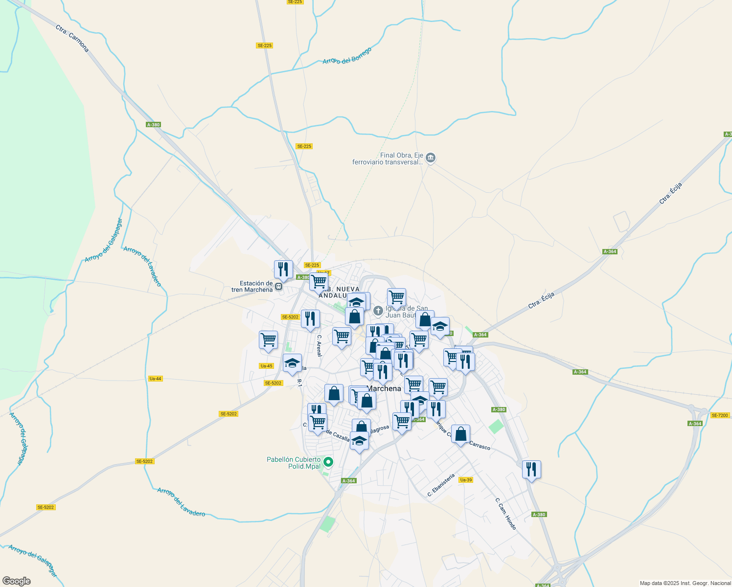 map of restaurants, bars, coffee shops, grocery stores, and more near 1 Calle Picadero in Marchena