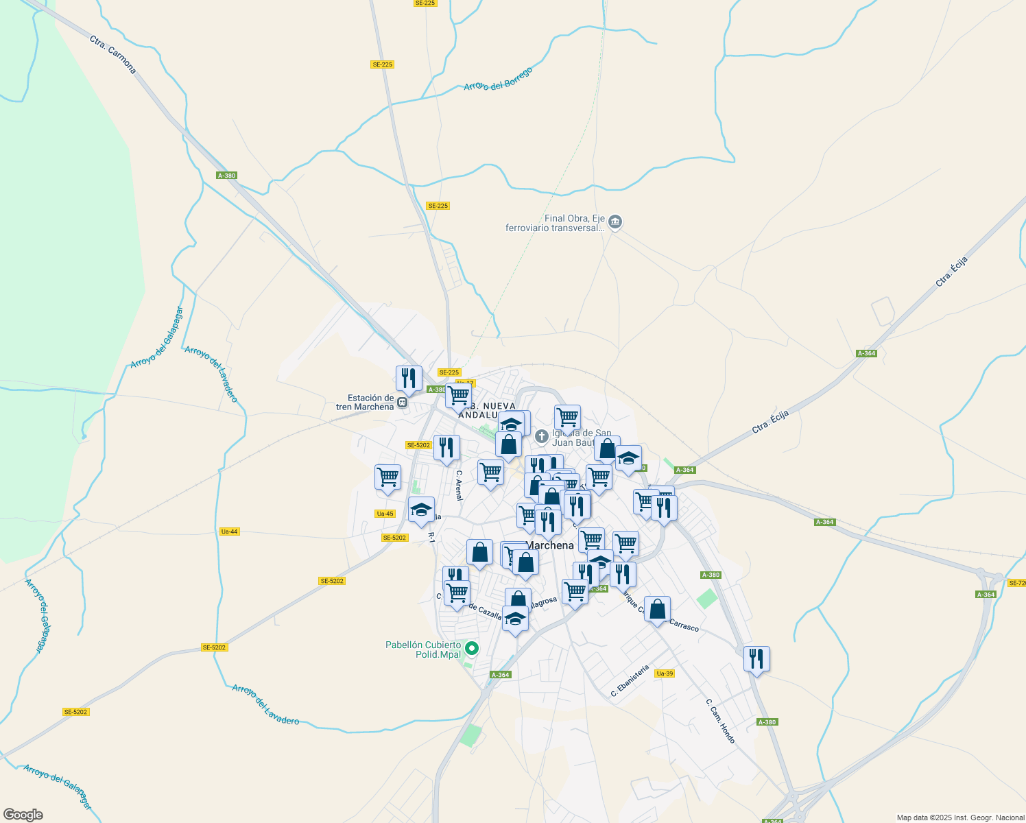 map of restaurants, bars, coffee shops, grocery stores, and more near 1 Calle Picadero in Marchena