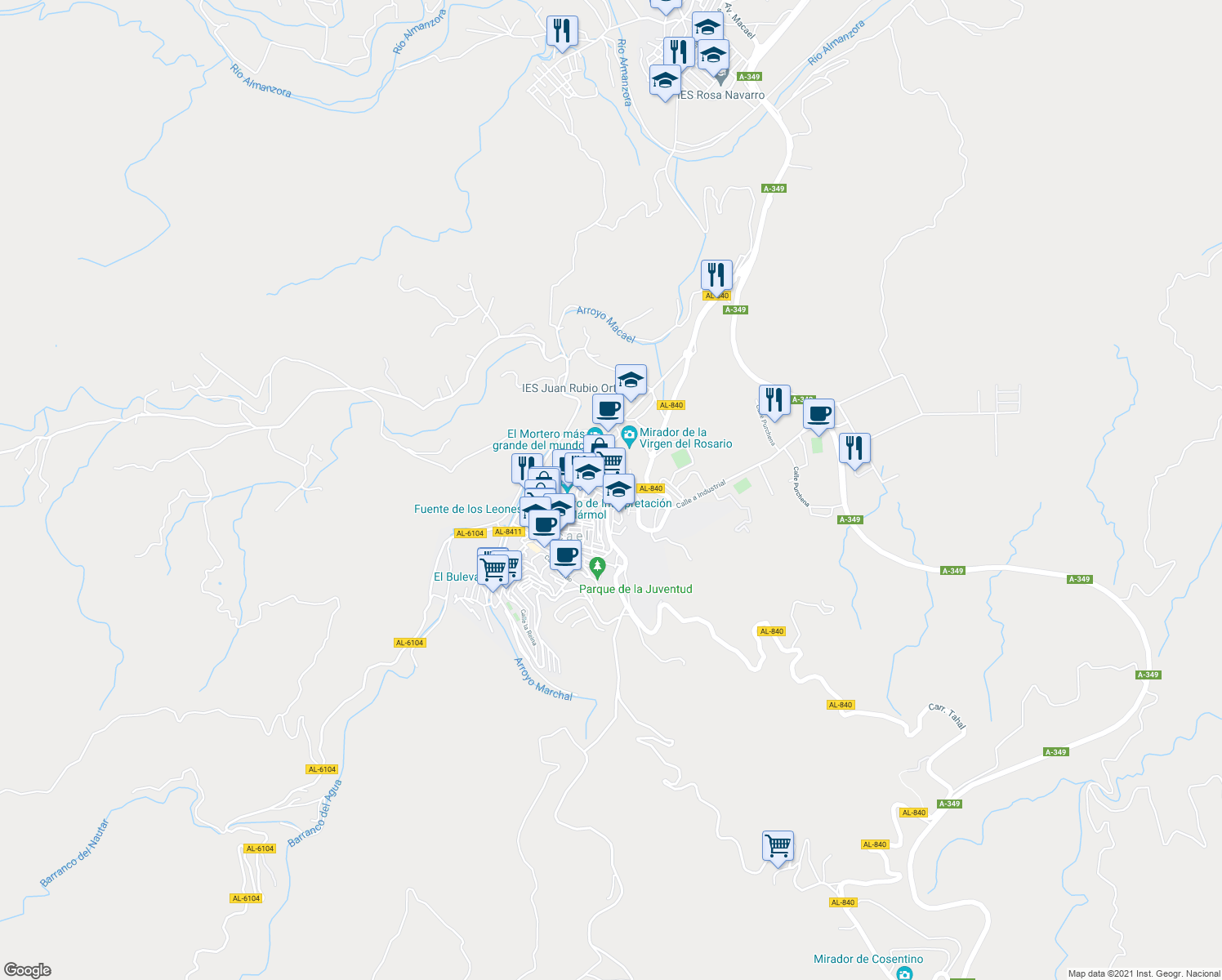 map of restaurants, bars, coffee shops, grocery stores, and more near 30 Calle Cervantes in Macael