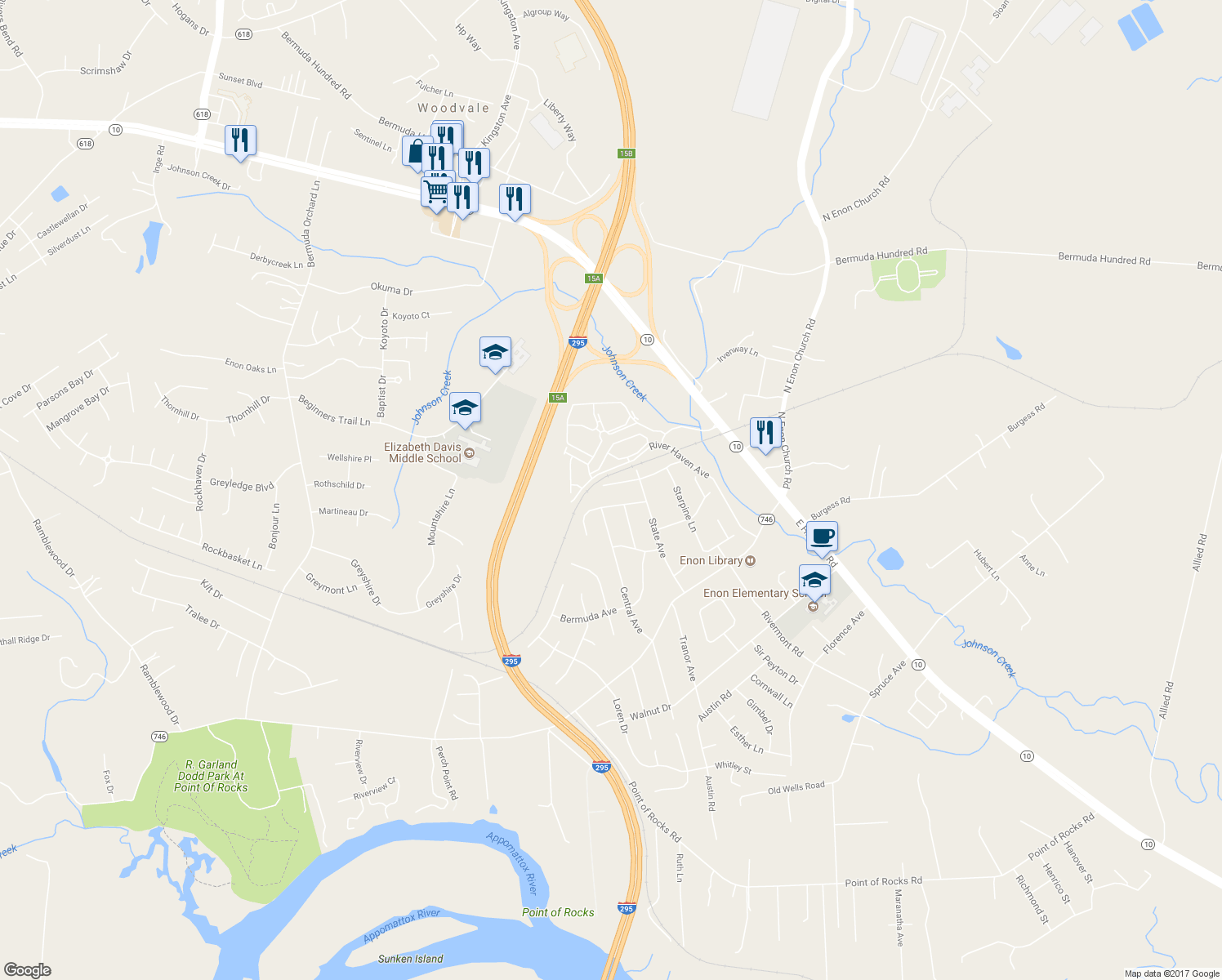 map of restaurants, bars, coffee shops, grocery stores, and more near 1219 River Shore Place in Chester