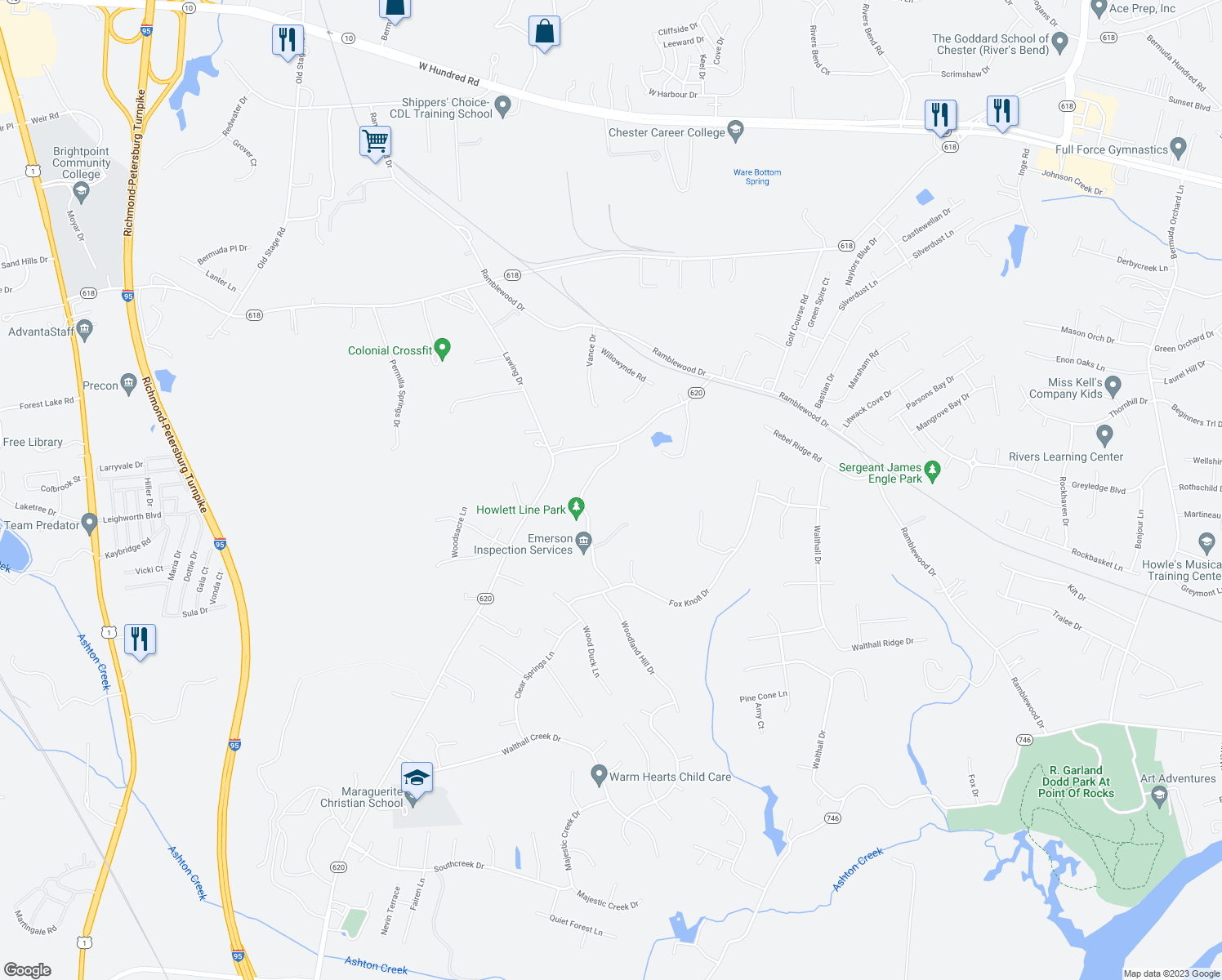 map of restaurants, bars, coffee shops, grocery stores, and more near 14001 Howlett Line Drive in Colonial Heights