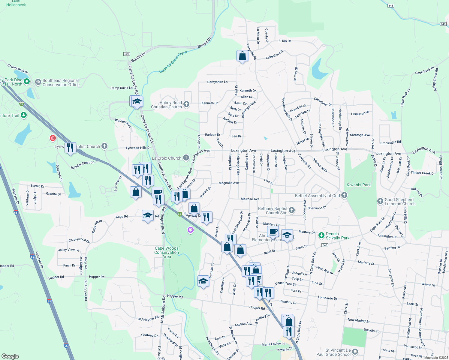 map of restaurants, bars, coffee shops, grocery stores, and more near 1802 Dixie Blvd in Cape Girardeau