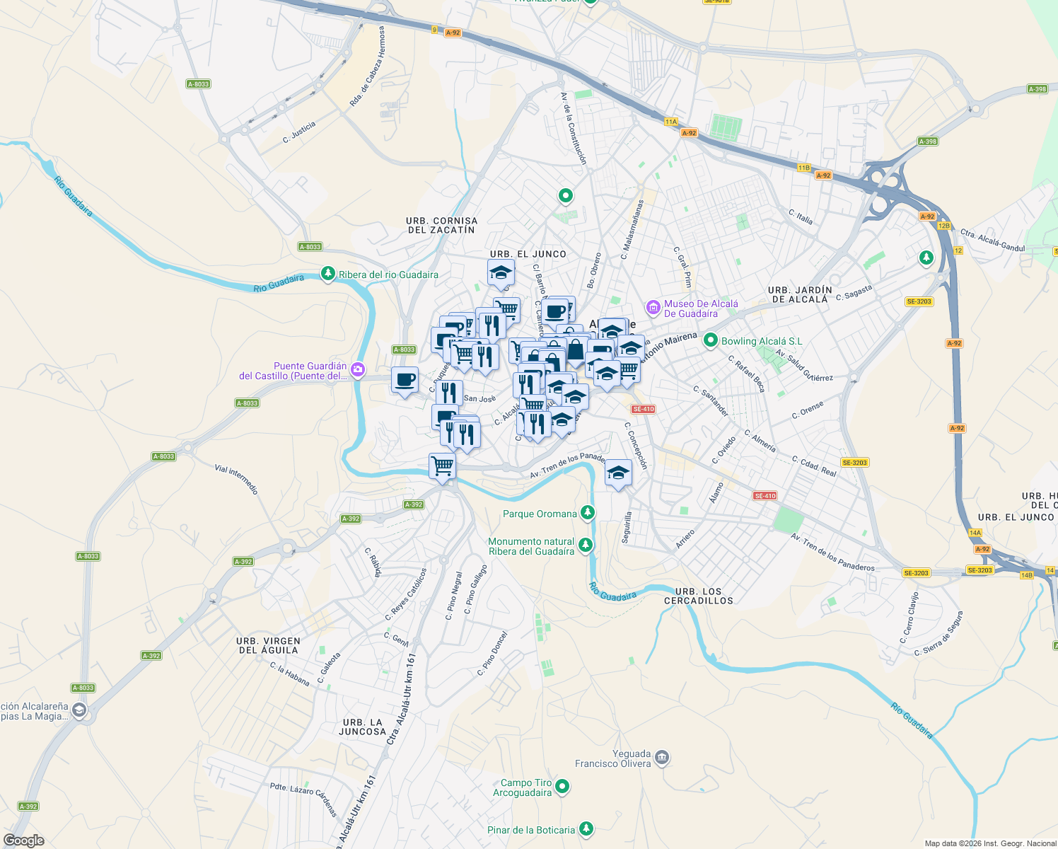 map of restaurants, bars, coffee shops, grocery stores, and more near 61A Calle Conde de Guadalhorce in Alcalá de Guadaíra
