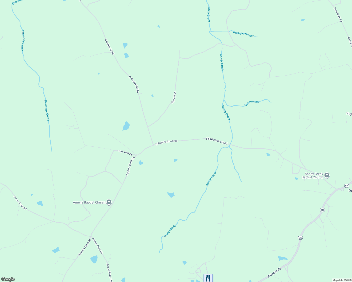 map of restaurants, bars, coffee shops, grocery stores, and more near 26603 E Sayler's Creek Rd in Amelia