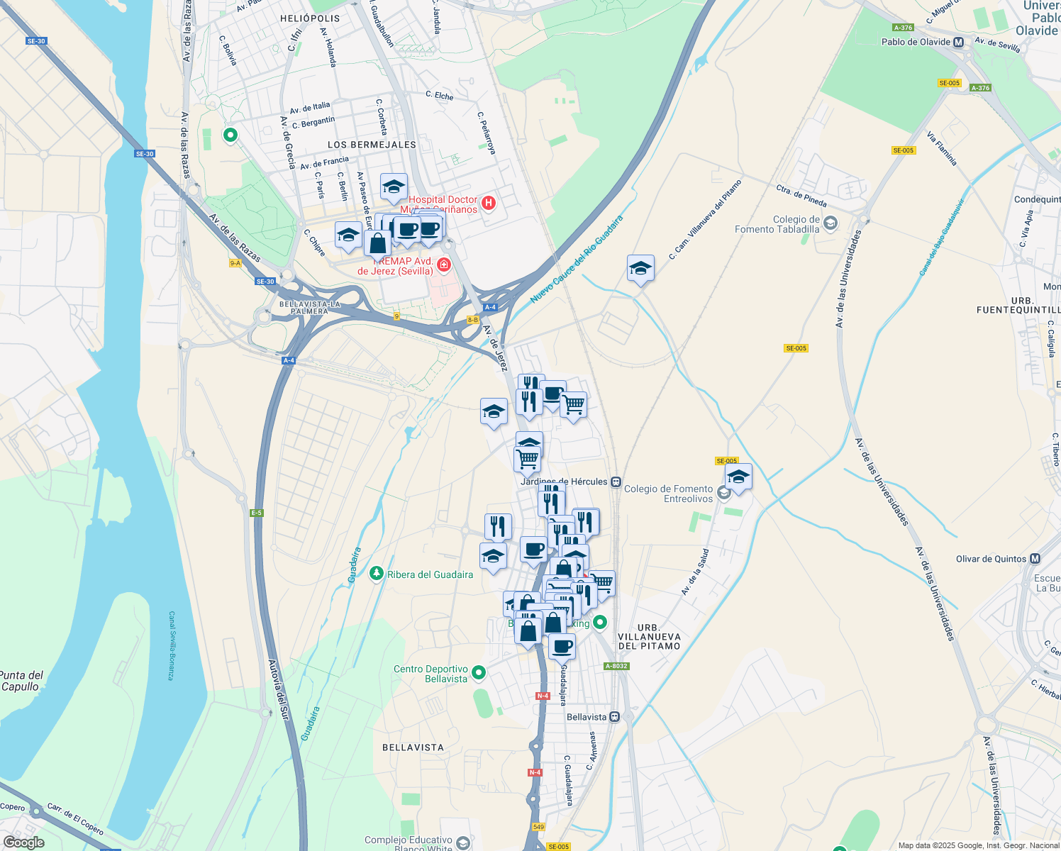 map of restaurants, bars, coffee shops, grocery stores, and more near 23 Avenida de Jerez in Sevilla