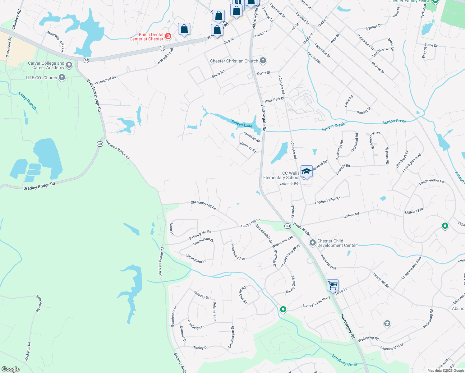 map of restaurants, bars, coffee shops, grocery stores, and more near 13225 Happy Hill Road in Chester