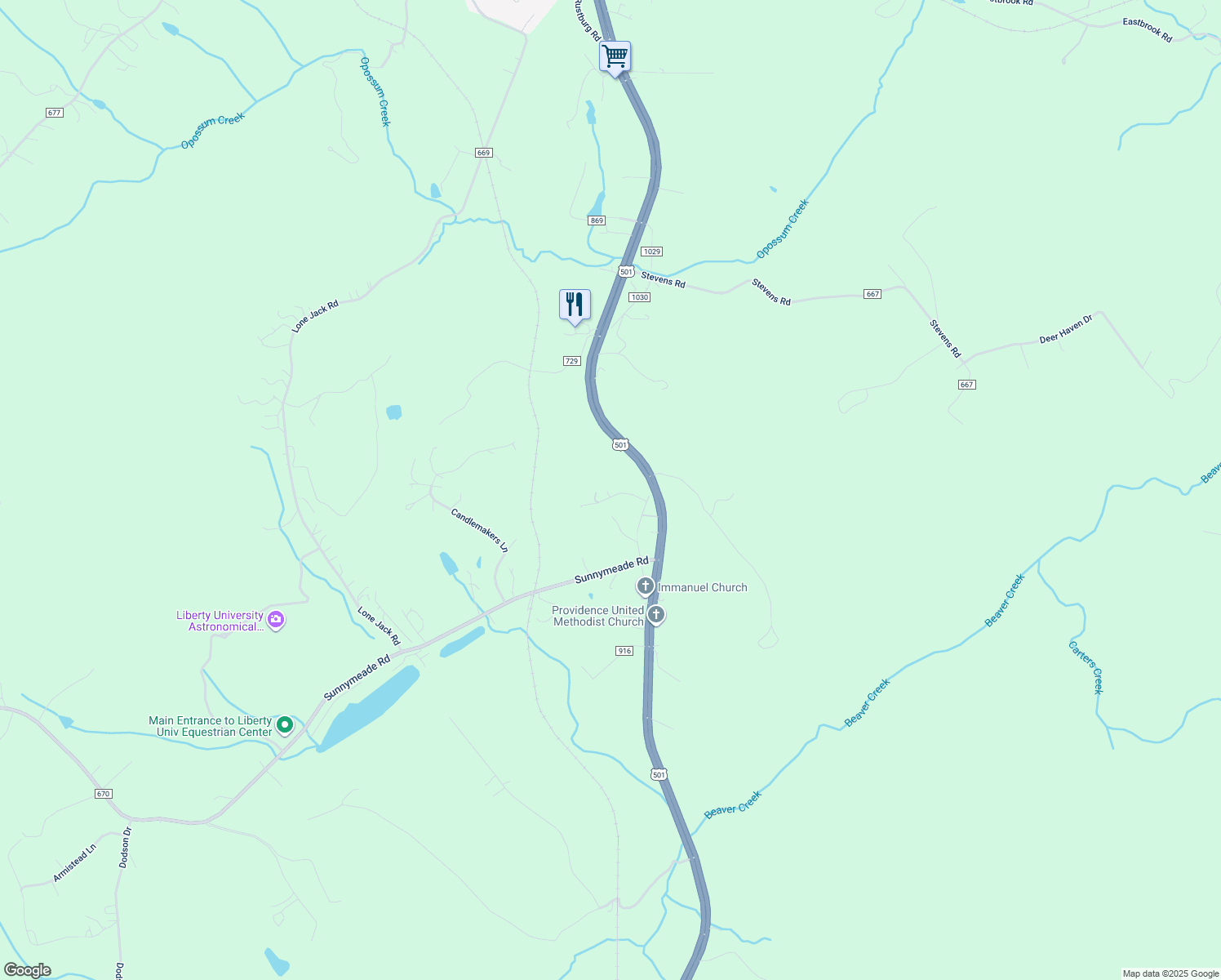 map of restaurants, bars, coffee shops, grocery stores, and more near 101 Chevy Lane in Lynchburg