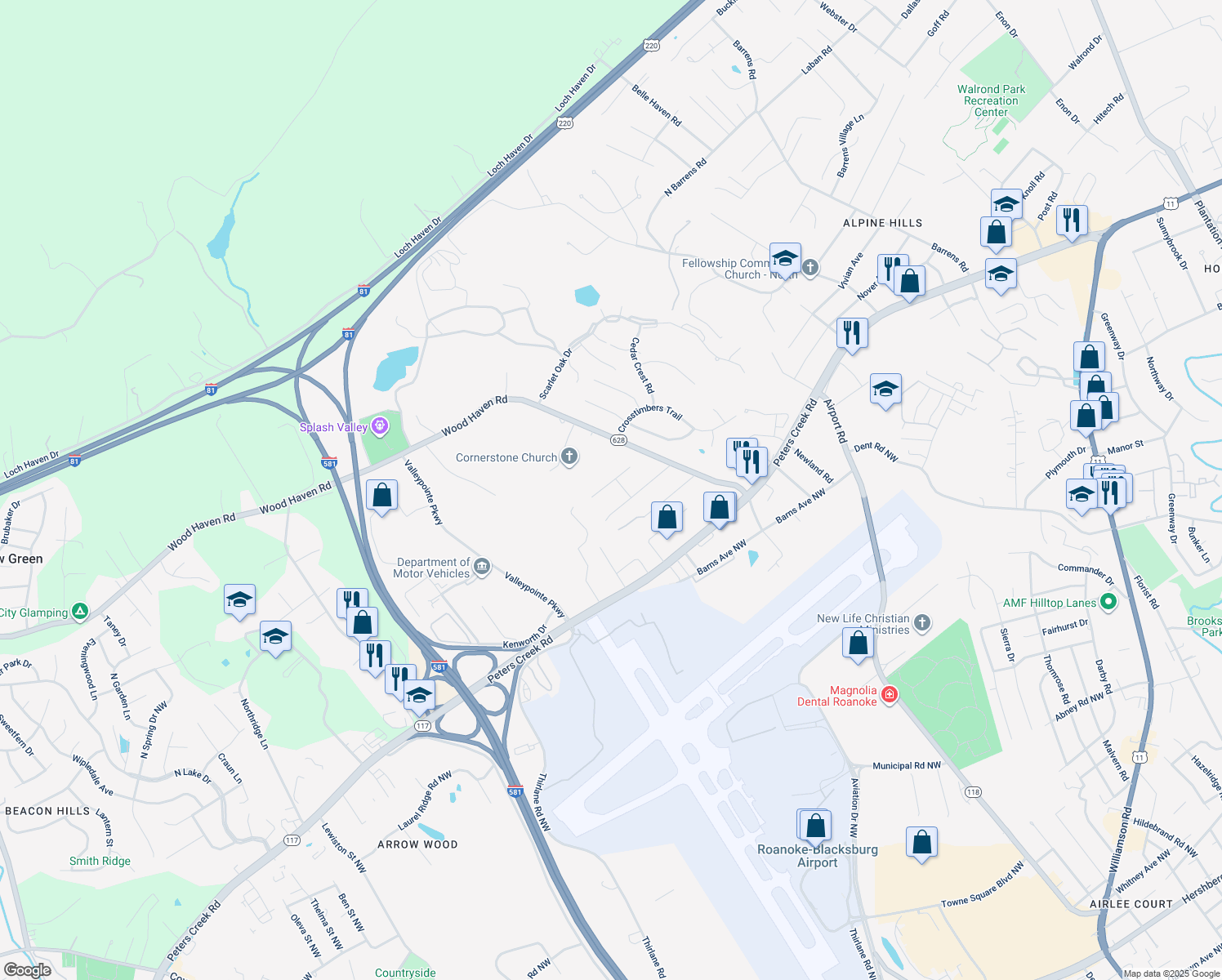 map of restaurants, bars, coffee shops, grocery stores, and more near 6949 Linn Drive in Roanoke