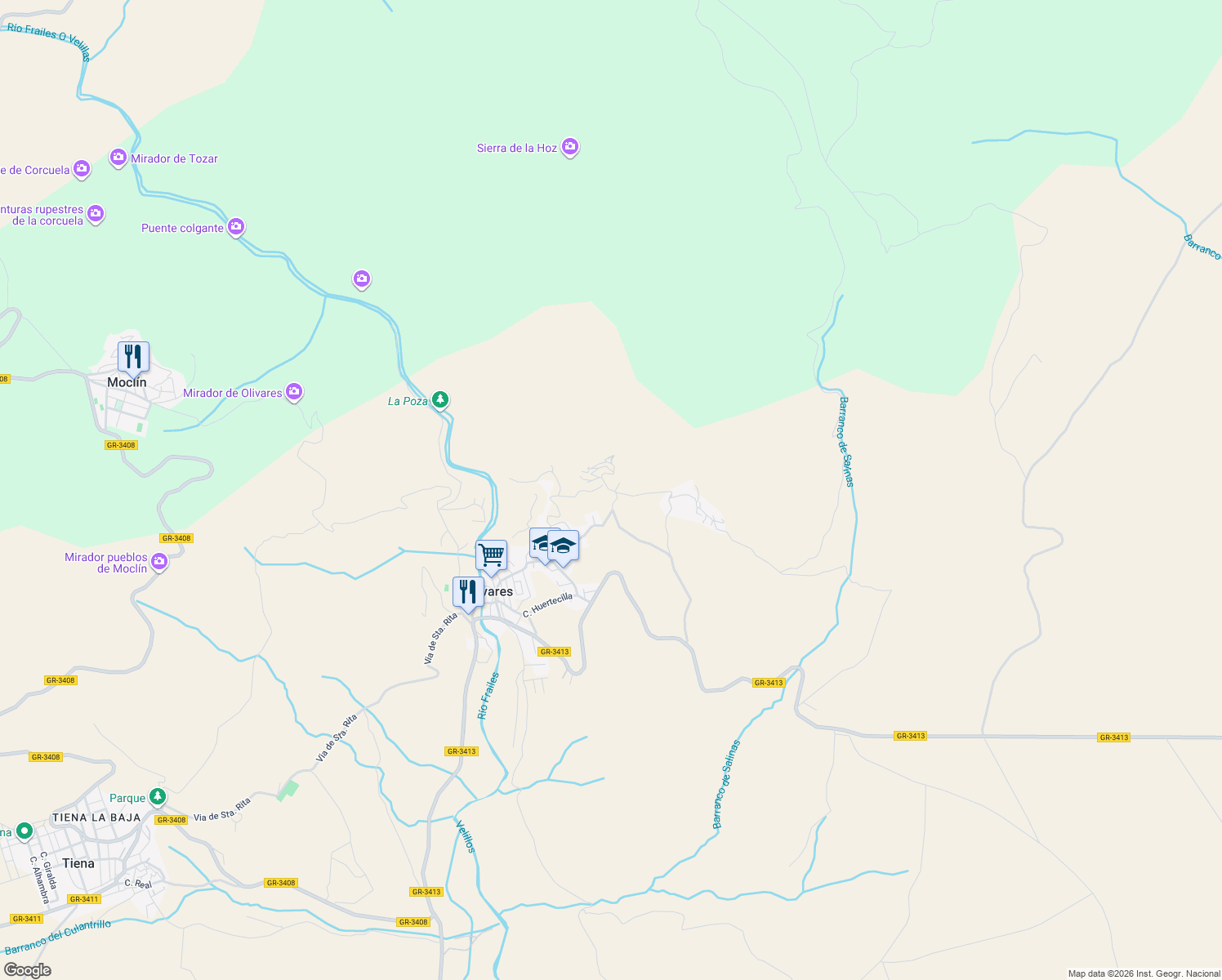 map of restaurants, bars, coffee shops, grocery stores, and more near Calle Yesares Bajo in Granada