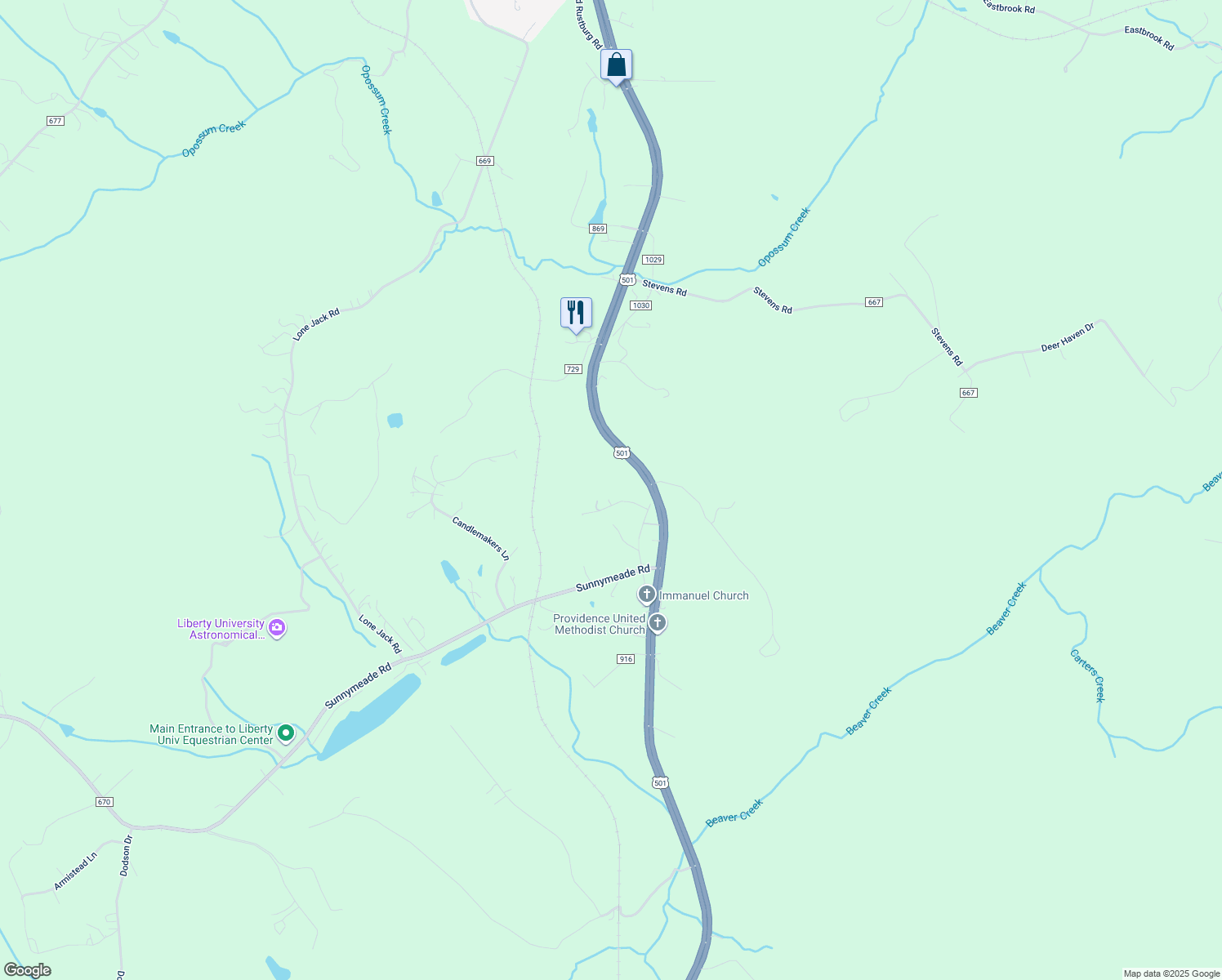 map of restaurants, bars, coffee shops, grocery stores, and more near 101 Chevy Lane in Lynchburg
