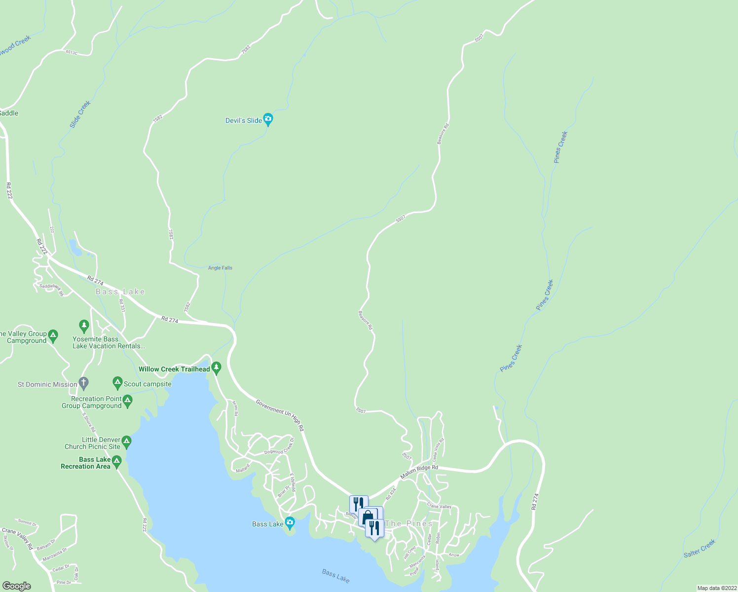 map of restaurants, bars, coffee shops, grocery stores, and more near 5S07 in Bass Lake