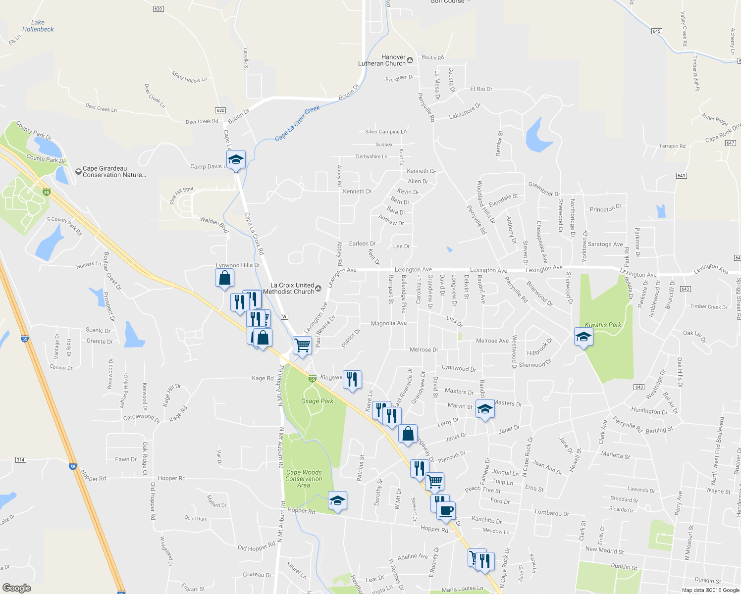 map of restaurants, bars, coffee shops, grocery stores, and more near 2960 Jasmine Ln in Cape Girardeau