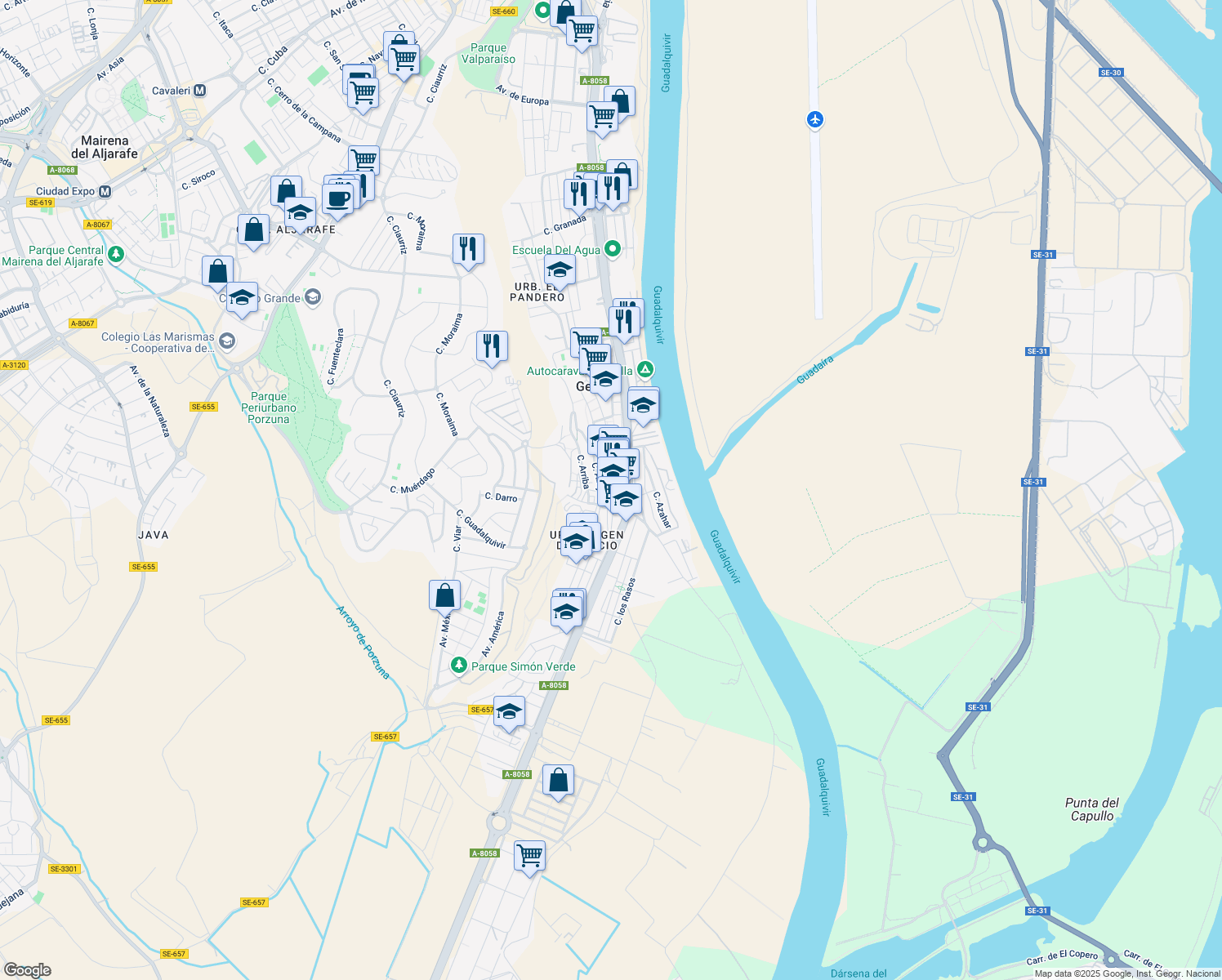 map of restaurants, bars, coffee shops, grocery stores, and more near 1 Calle Francisco León Blanco in Gelves