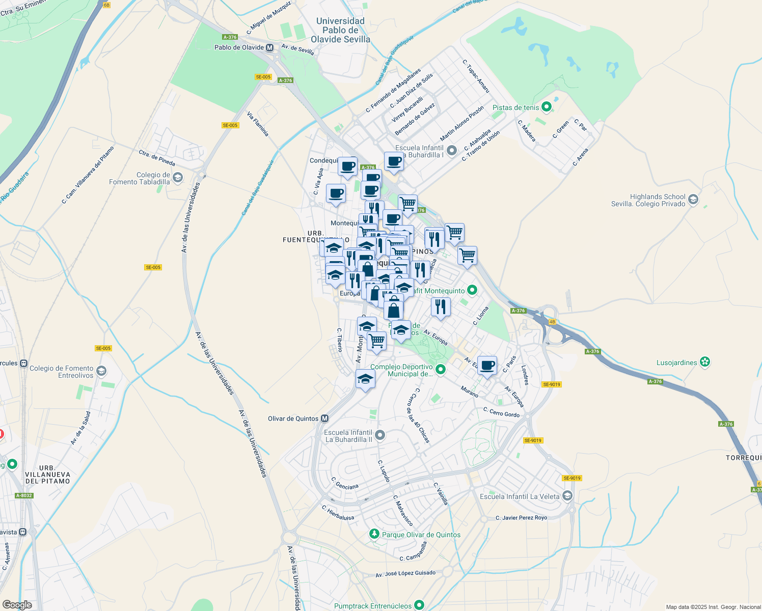 map of restaurants, bars, coffee shops, grocery stores, and more near 1 Calle Sintra in Dos Hermanas