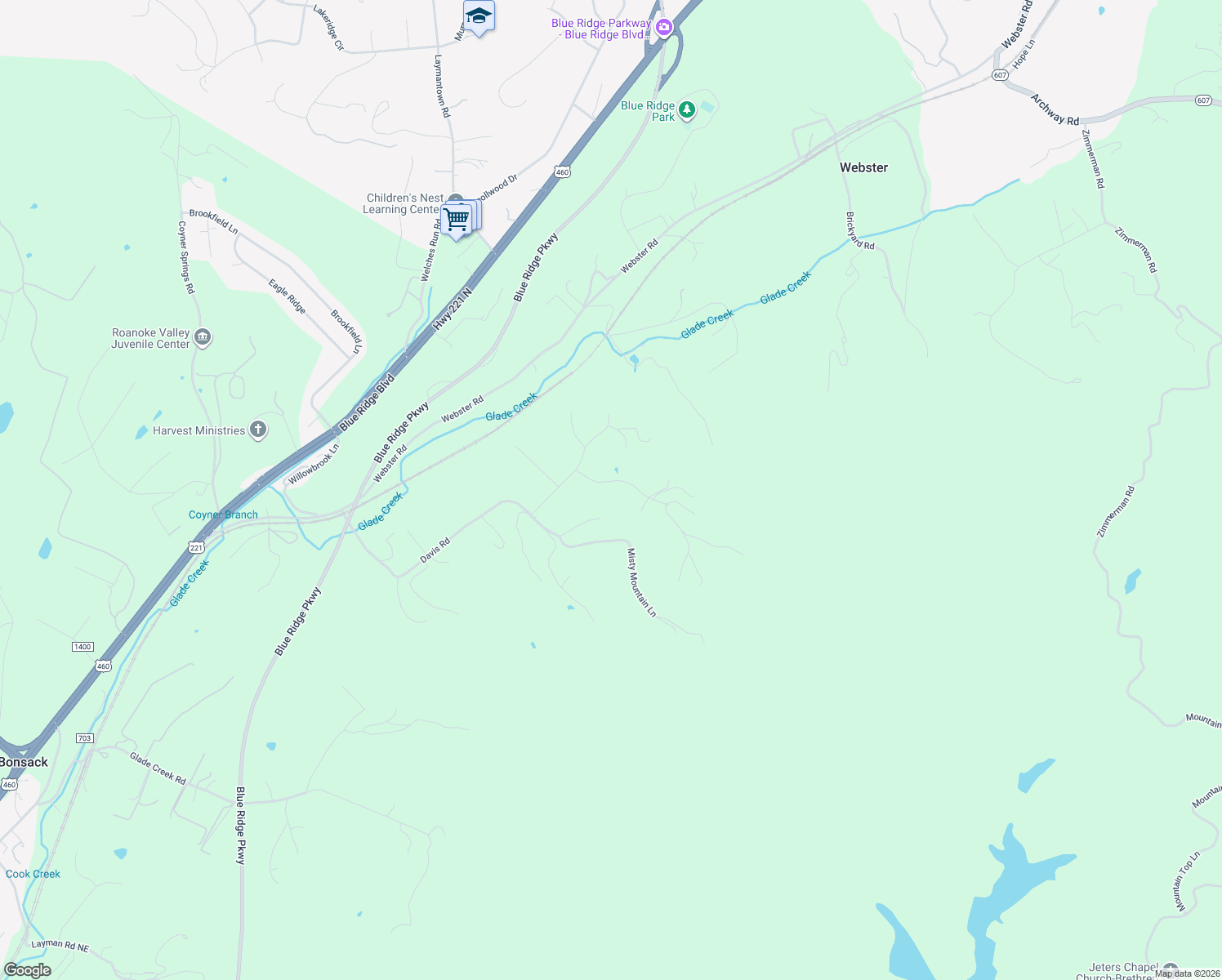 map of restaurants, bars, coffee shops, grocery stores, and more near 84 White Tail Drive in Roanoke