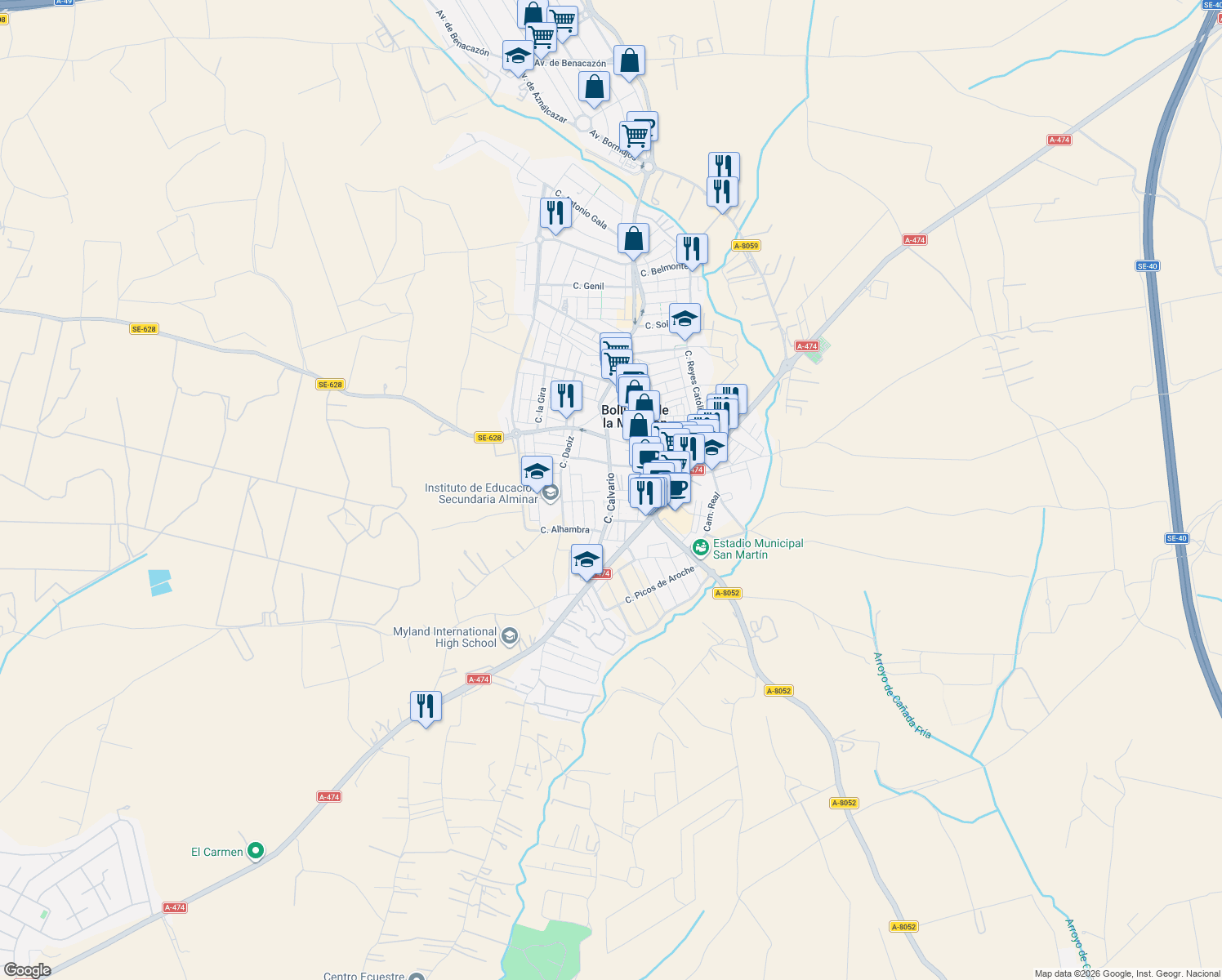 map of restaurants, bars, coffee shops, grocery stores, and more near Calle Calvario in Bollullos de la Mitación