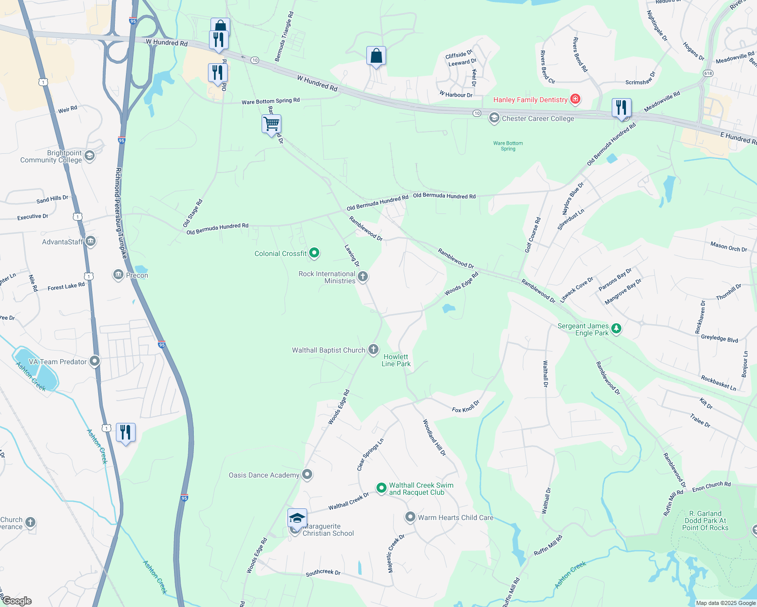 map of restaurants, bars, coffee shops, grocery stores, and more near 13813 Lawing Drive in Colonial Heights