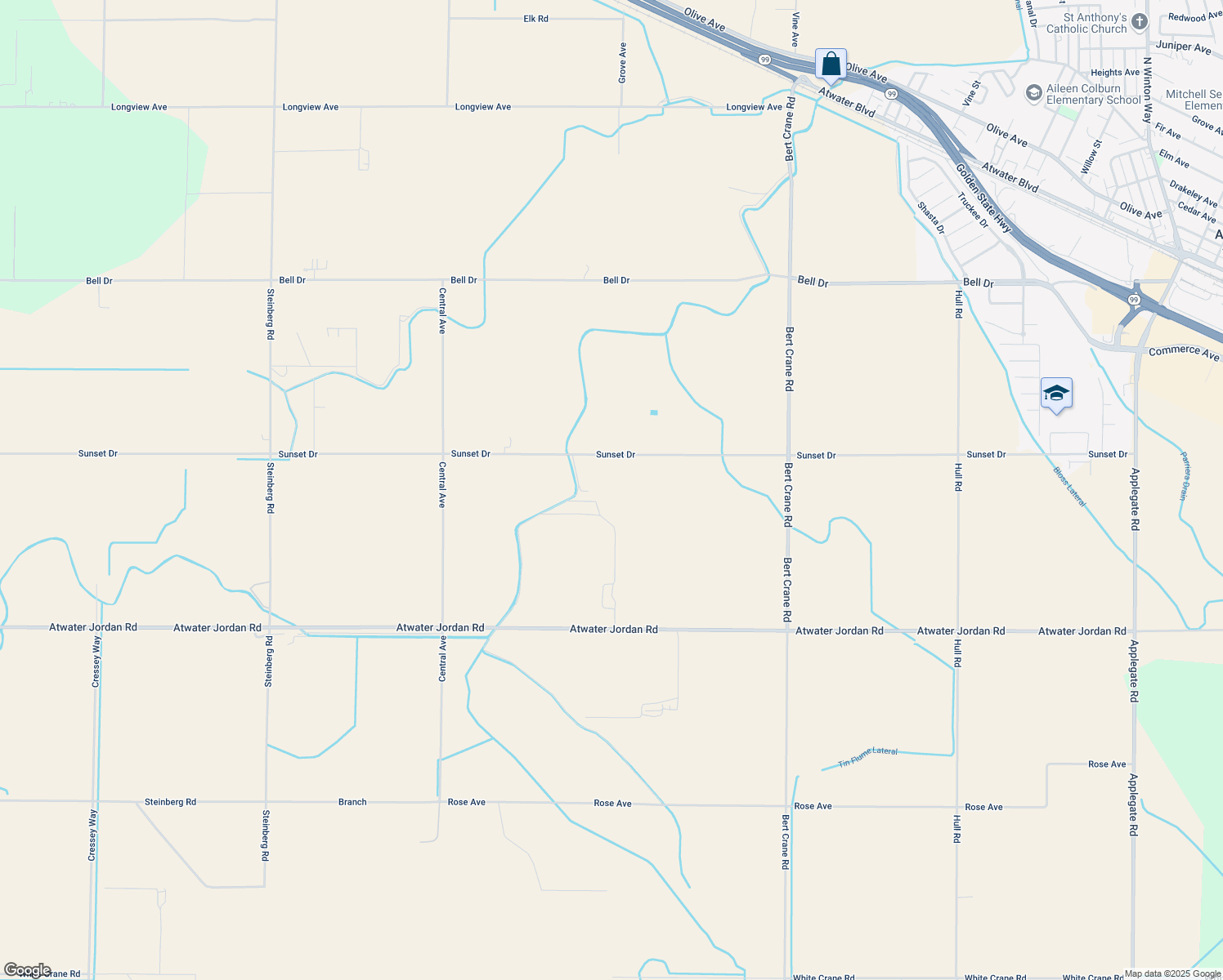 map of restaurants, bars, coffee shops, grocery stores, and more near 8531 Sunset Drive in Atwater