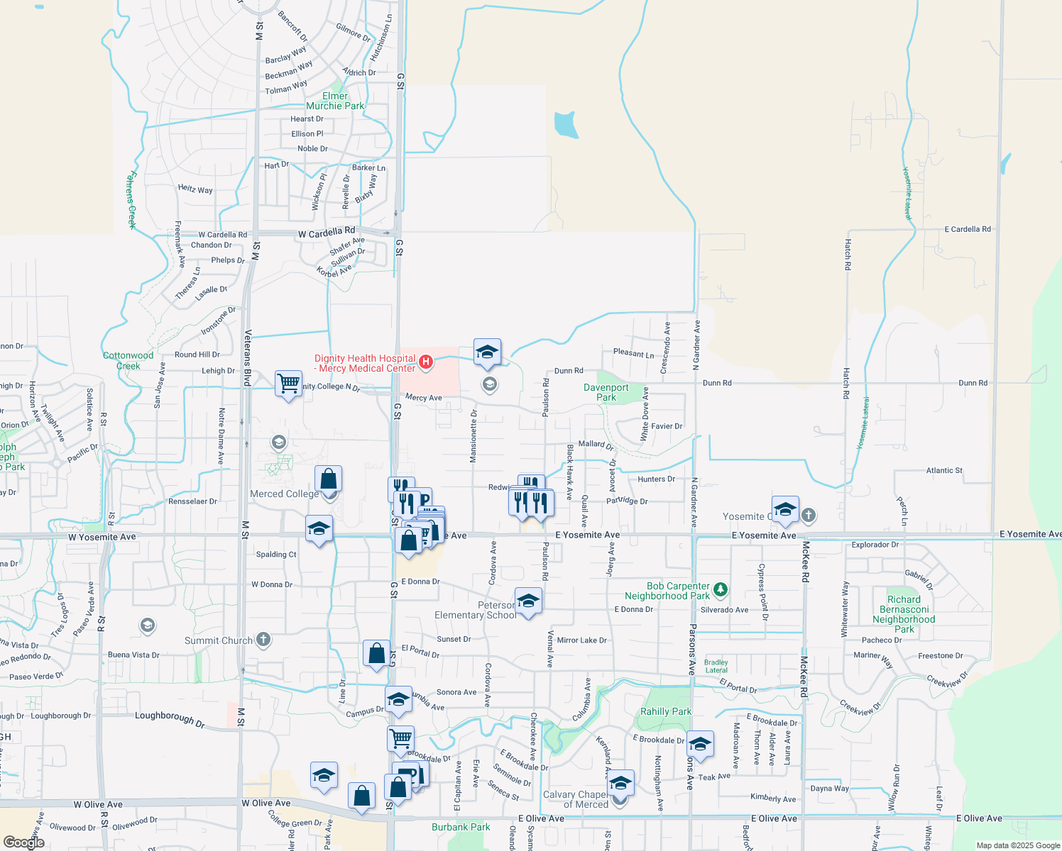map of restaurants, bars, coffee shops, grocery stores, and more near 3937 Finch Court in Merced