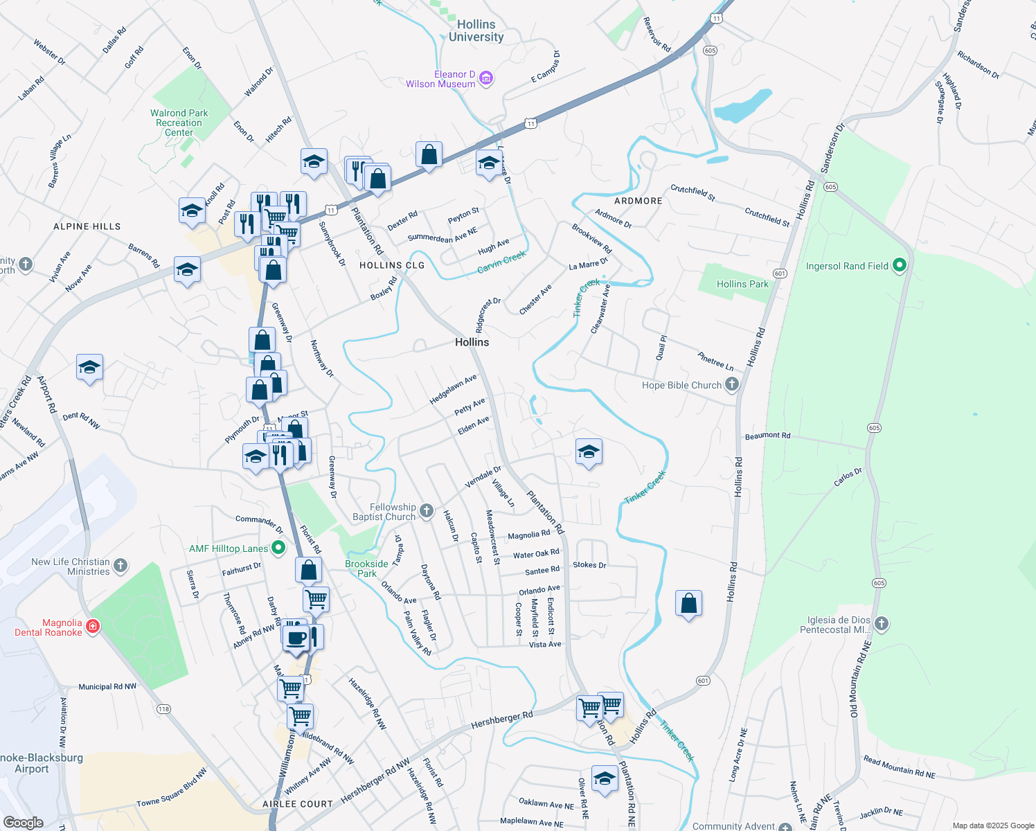 map of restaurants, bars, coffee shops, grocery stores, and more near 837 Sumpter Place in Roanoke