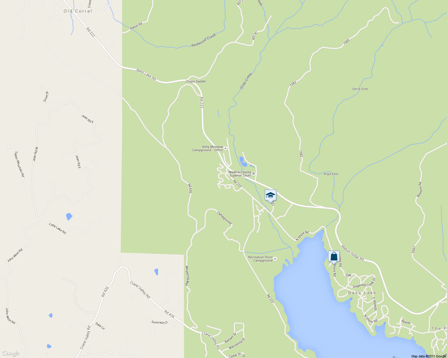 map of restaurants, bars, coffee shops, grocery stores, and more near 40603 Saddleback Road in Bass Lake