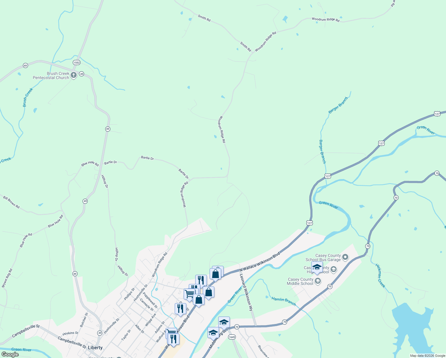 map of restaurants, bars, coffee shops, grocery stores, and more near 1256 Woodrum Ridge Road in Liberty