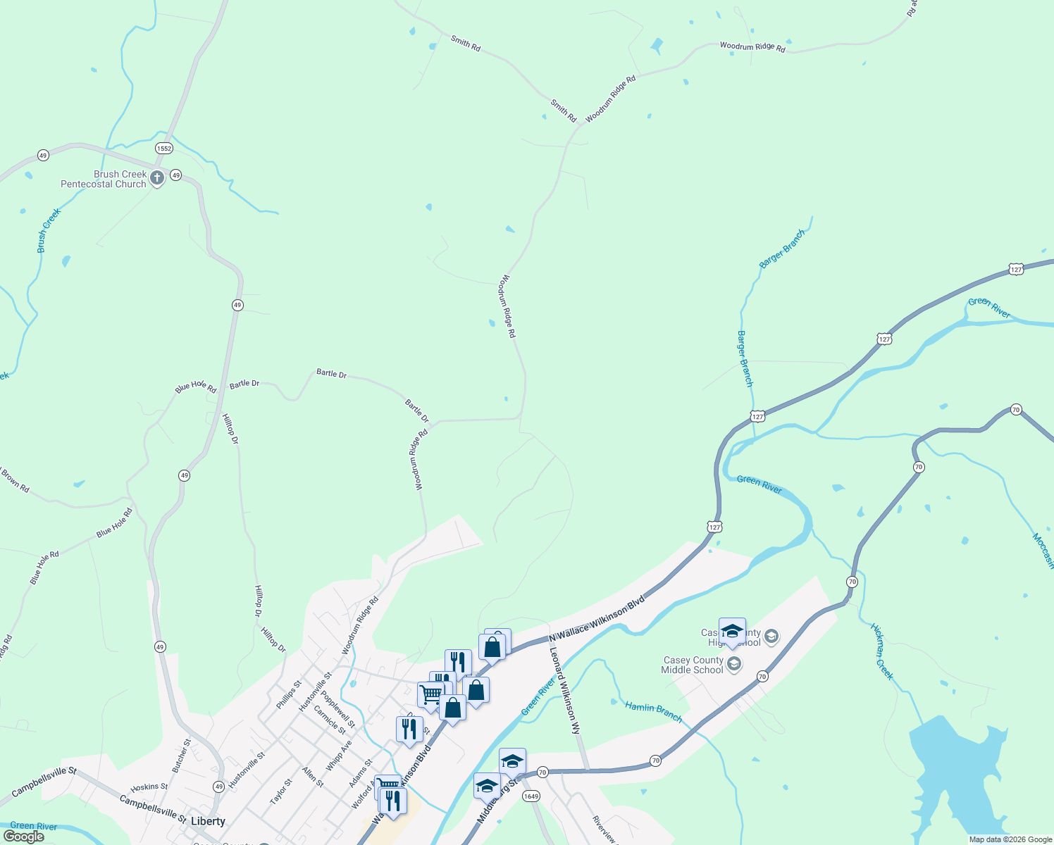 map of restaurants, bars, coffee shops, grocery stores, and more near 1356 Woodrum Ridge Road in Liberty