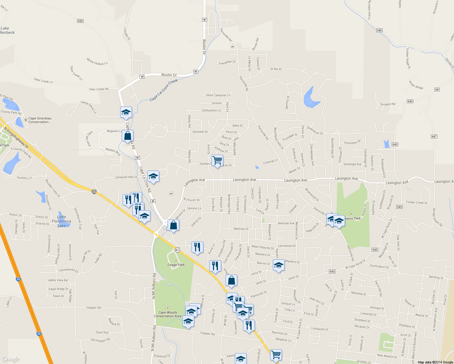 map of restaurants, bars, coffee shops, grocery stores, and more near 1953 Belleridge Pike in Cape Girardeau
