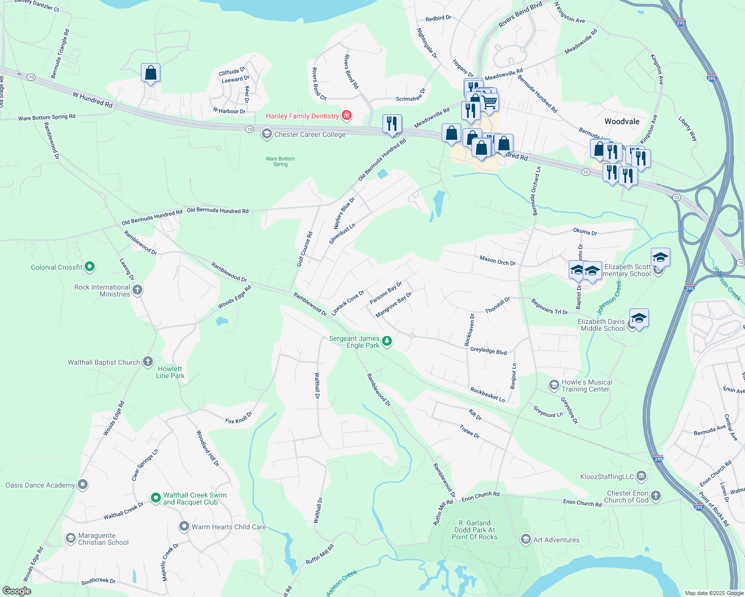 map of restaurants, bars, coffee shops, grocery stores, and more near 1600 Carty Bay Drive in Chester