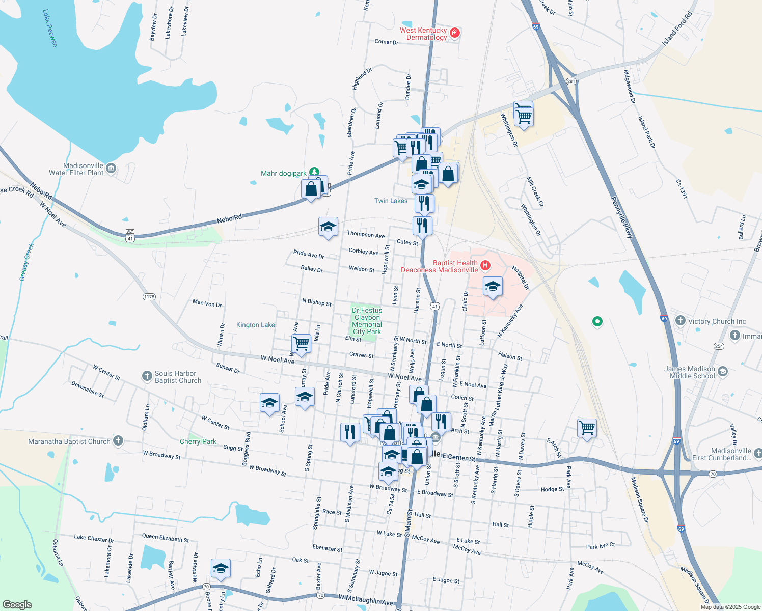 map of restaurants, bars, coffee shops, grocery stores, and more near Nisbet Street in Madisonville
