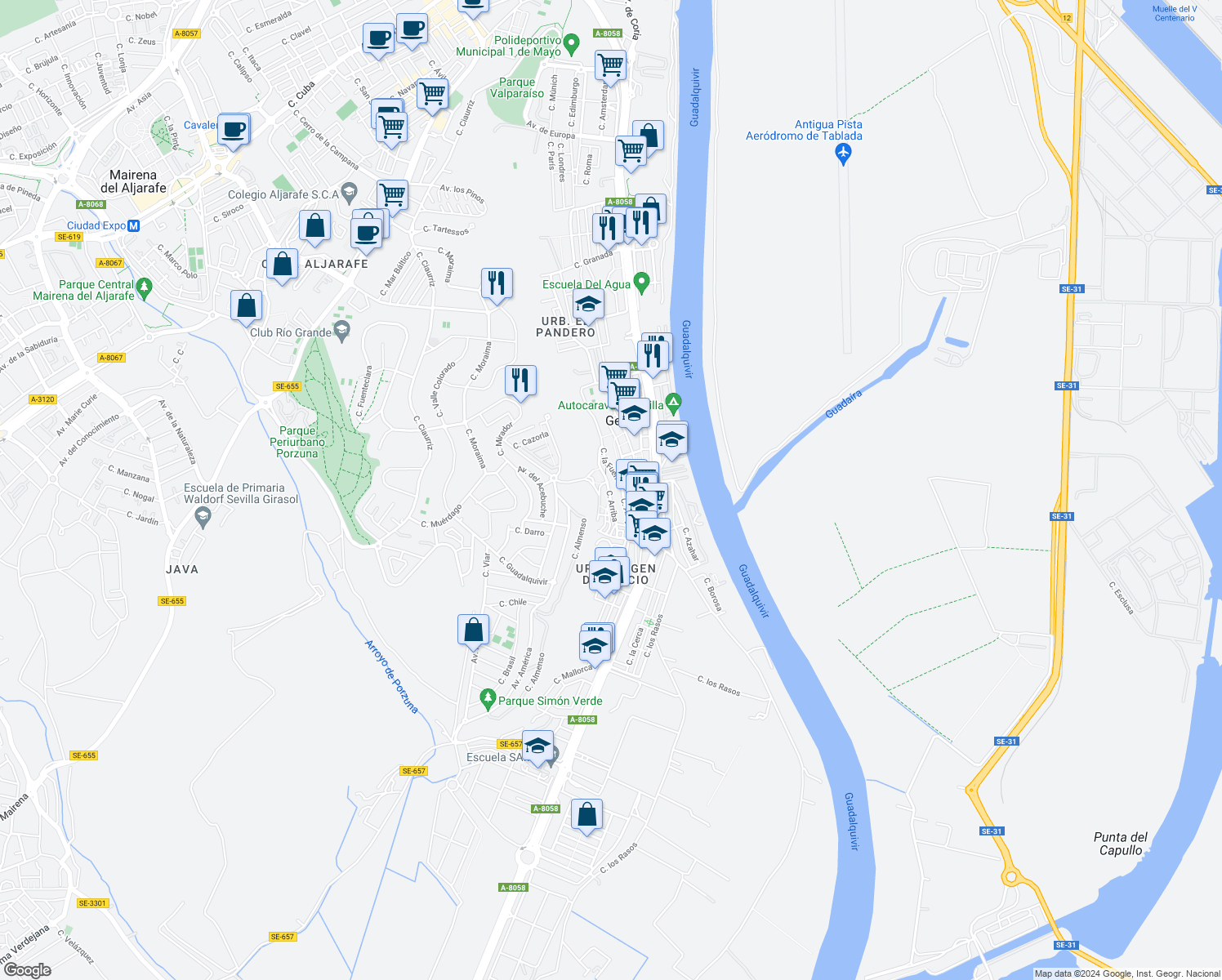 map of restaurants, bars, coffee shops, grocery stores, and more near 11 Calle Arriba in Gelves
