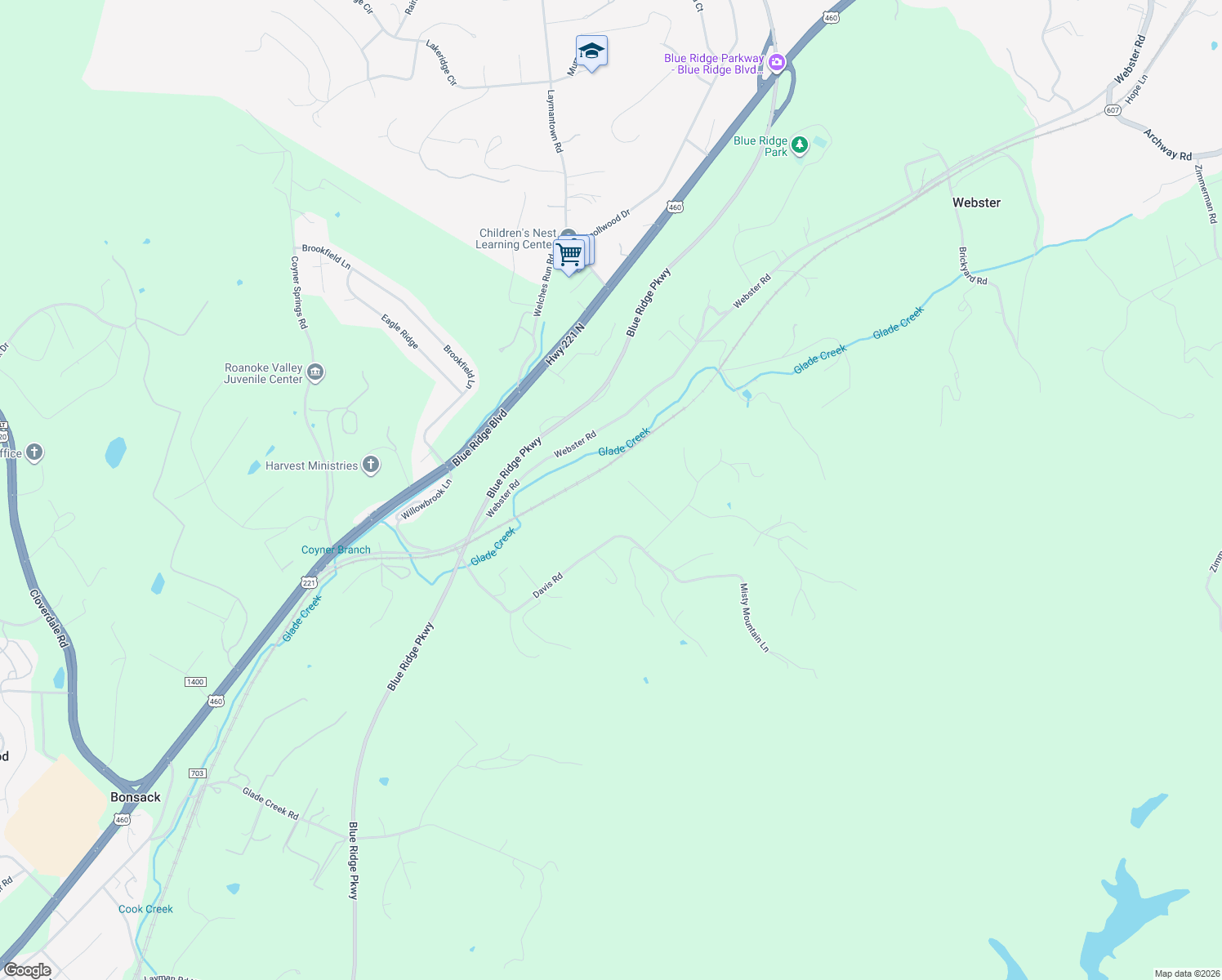 map of restaurants, bars, coffee shops, grocery stores, and more near 145 Buck Lane in Roanoke