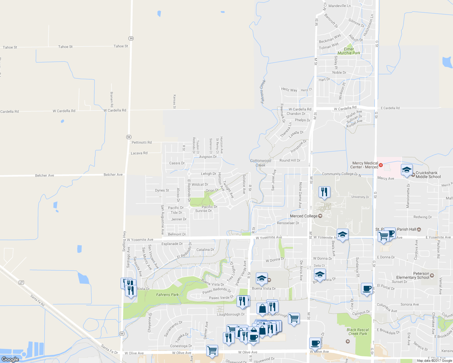 map of restaurants, bars, coffee shops, grocery stores, and more near 3910 Twilight Avenue in Merced