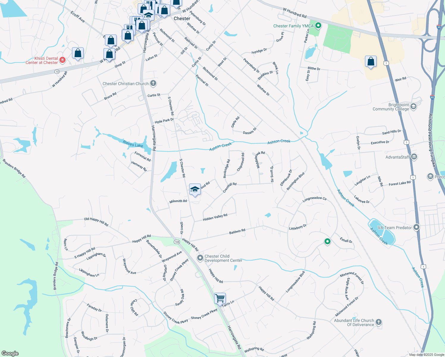 map of restaurants, bars, coffee shops, grocery stores, and more near 13102 Rockridge Road in Chester