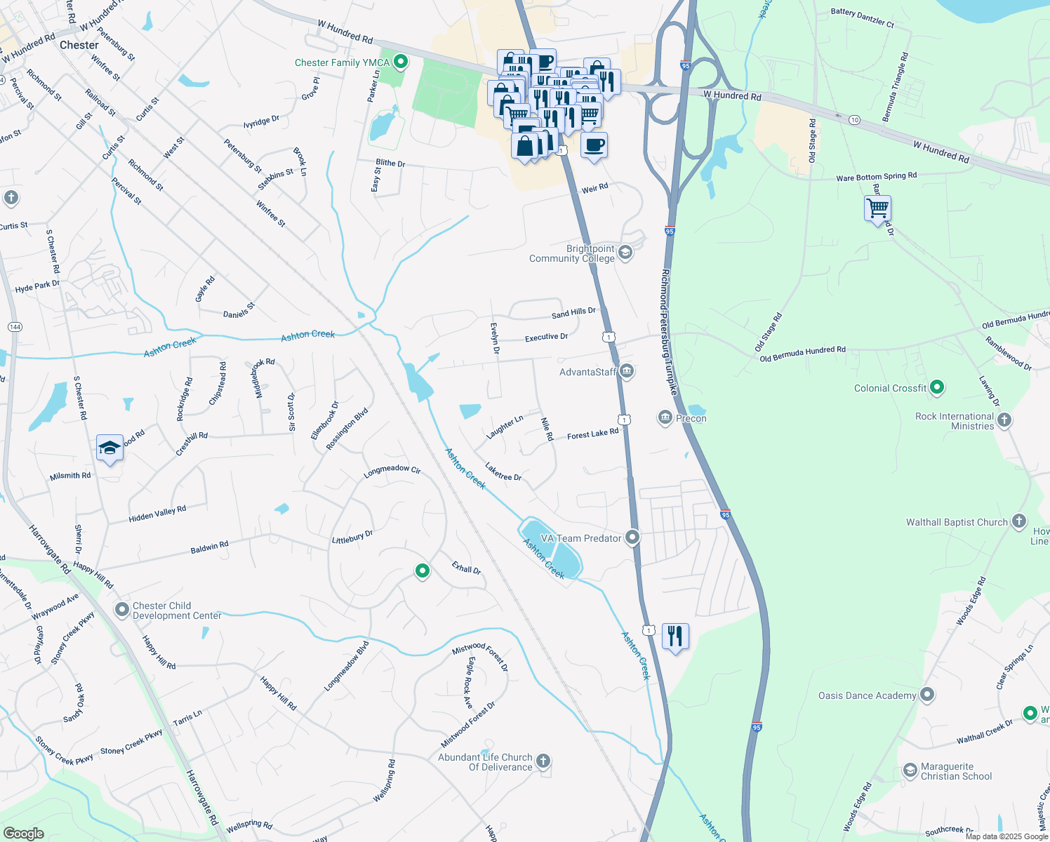 map of restaurants, bars, coffee shops, grocery stores, and more near 2819 Laughter Lane in Chester