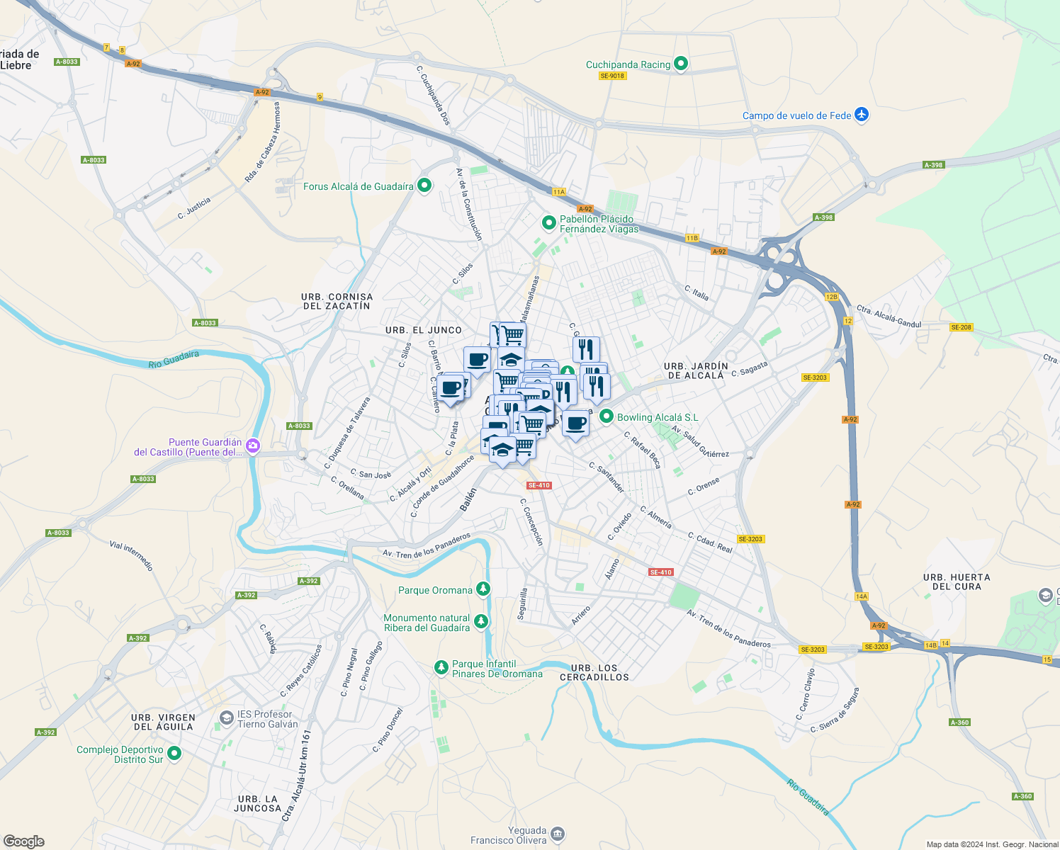 map of restaurants, bars, coffee shops, grocery stores, and more near 46 Calle Mairena in Alcalá de Guadaíra