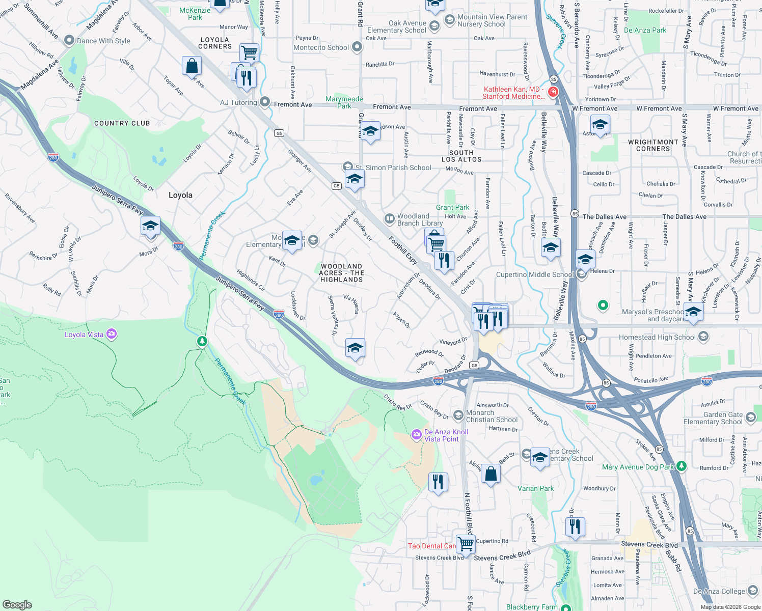 map of restaurants, bars, coffee shops, grocery stores, and more near 460 Aspen Way in Los Altos