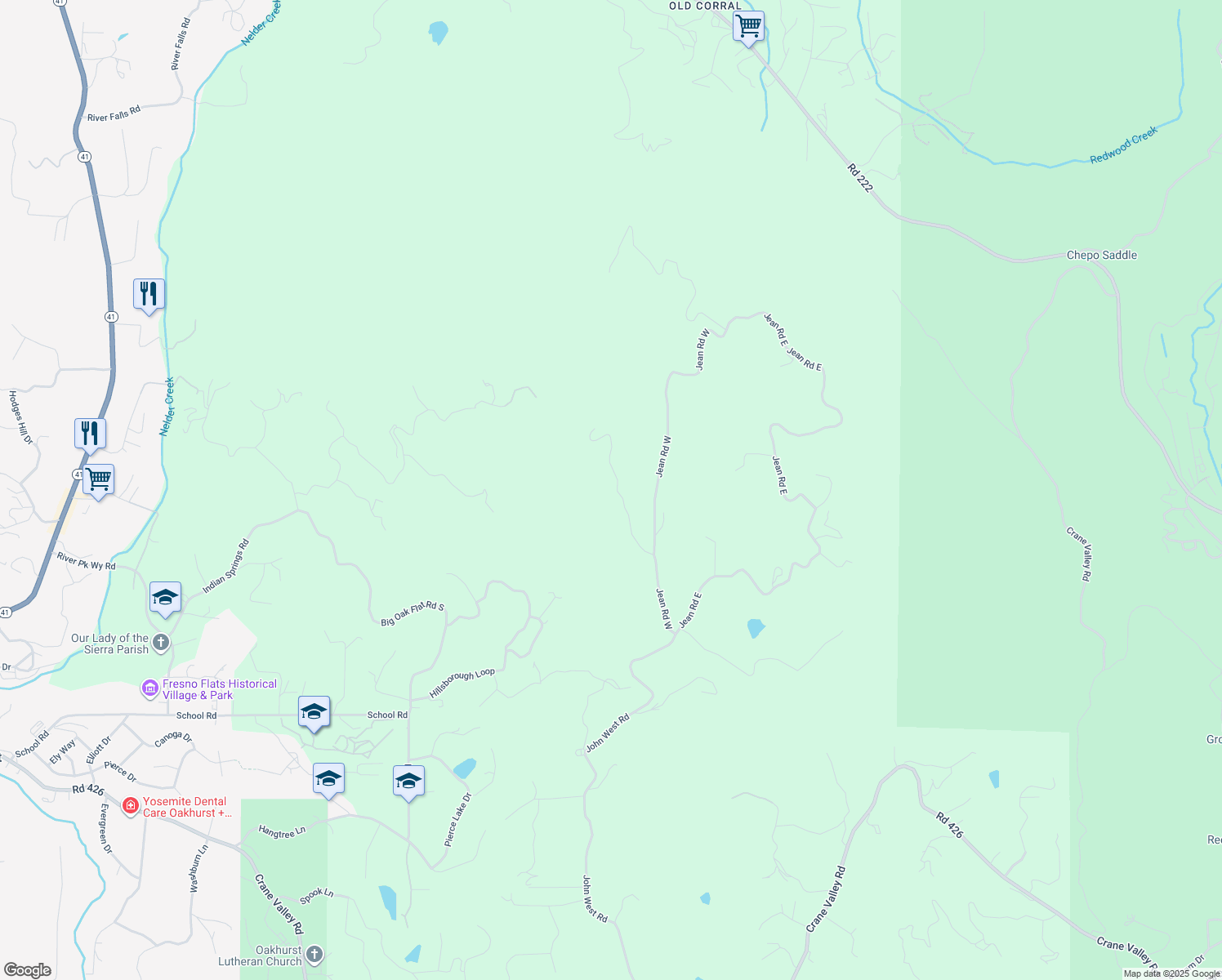 map of restaurants, bars, coffee shops, grocery stores, and more near 40640 Taylor Mountain Road in Oakhurst