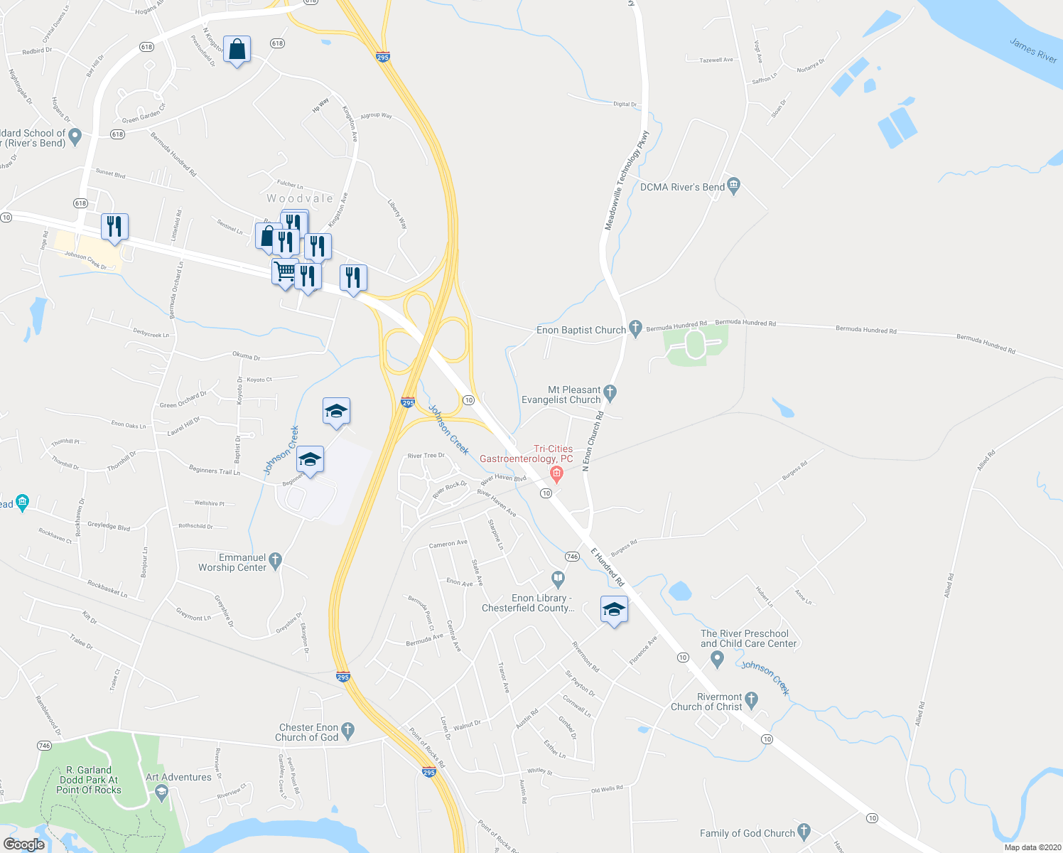map of restaurants, bars, coffee shops, grocery stores, and more near 1520 Irvenway Lane in Chester