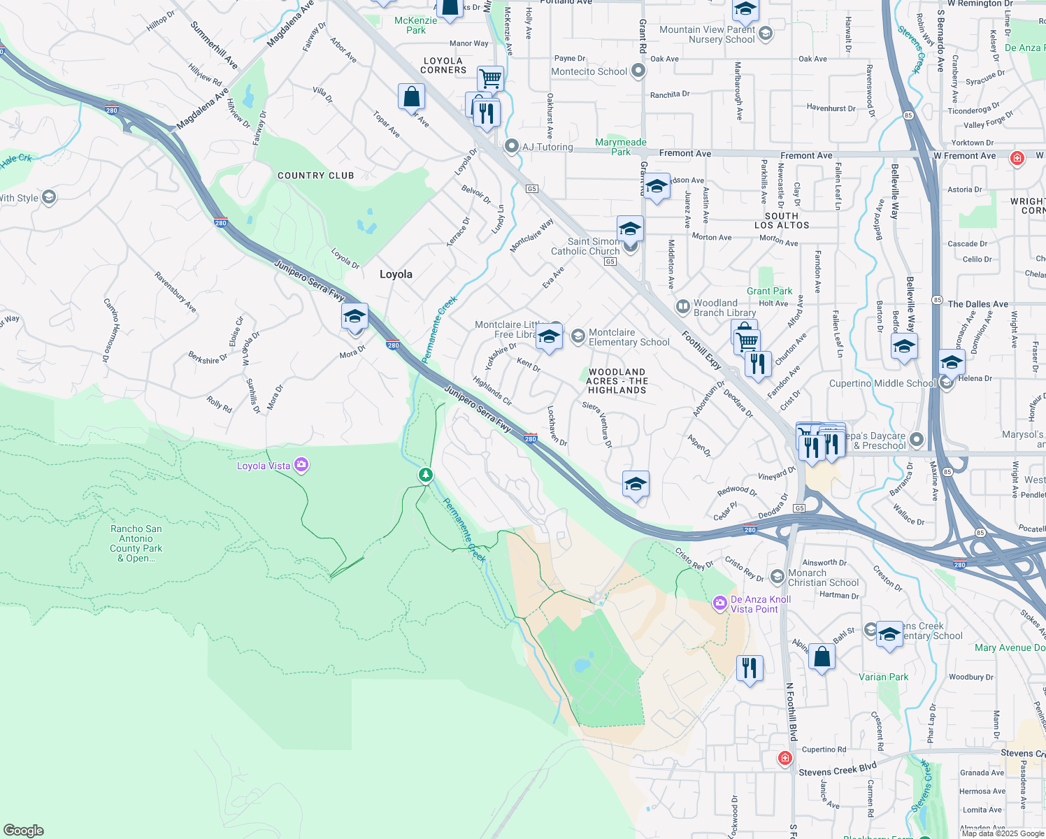 map of restaurants, bars, coffee shops, grocery stores, and more near 881 Highlands Circle in Los Altos
