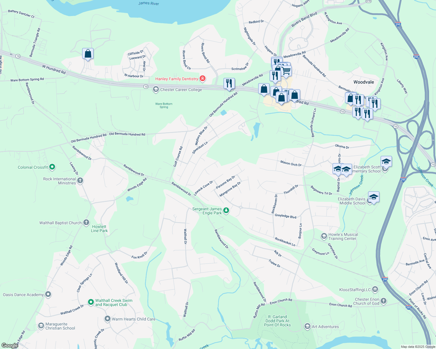 map of restaurants, bars, coffee shops, grocery stores, and more near 13718 Litwack Cove Drive in Chester