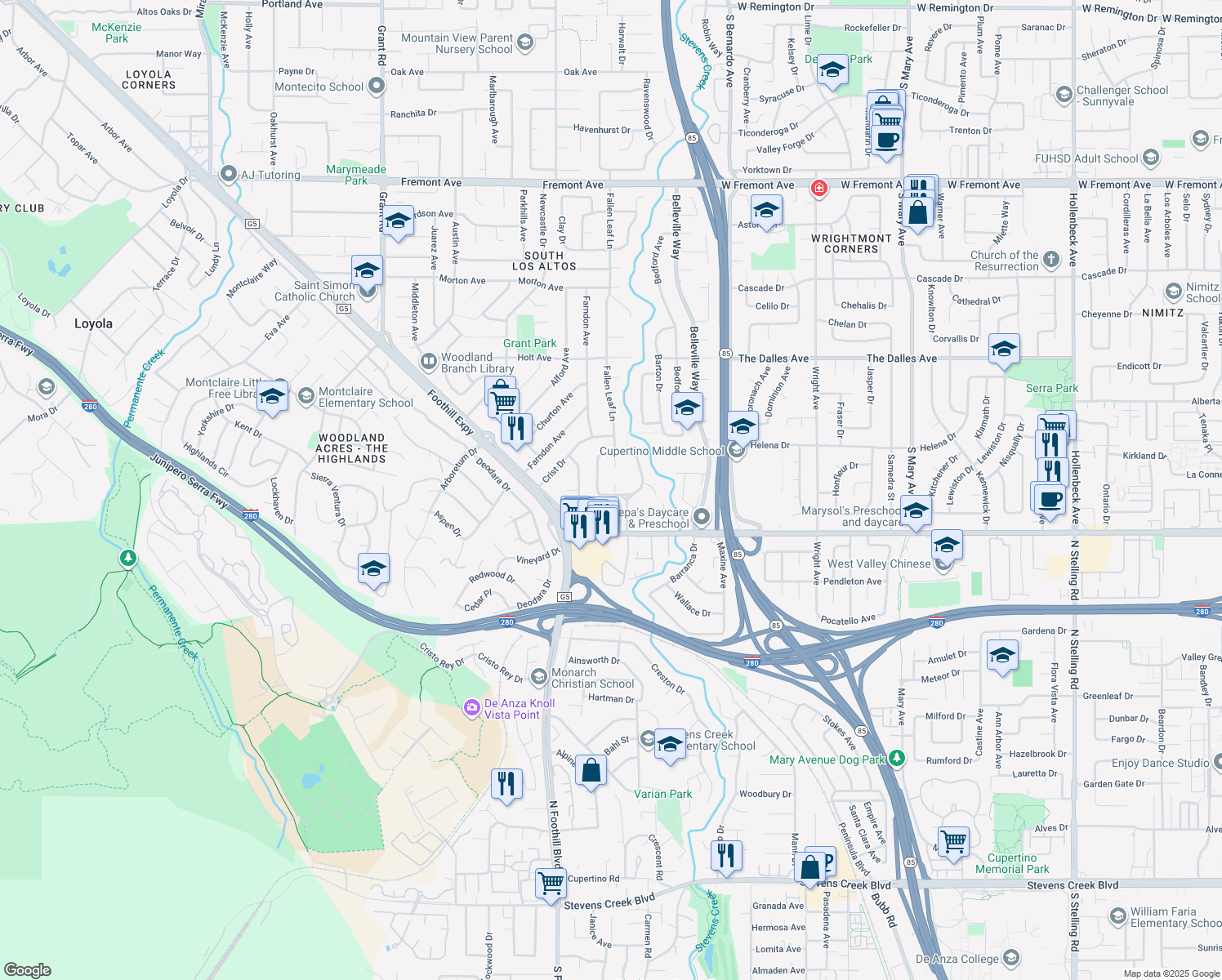 map of restaurants, bars, coffee shops, grocery stores, and more near 2083 Louise Lane in Los Altos