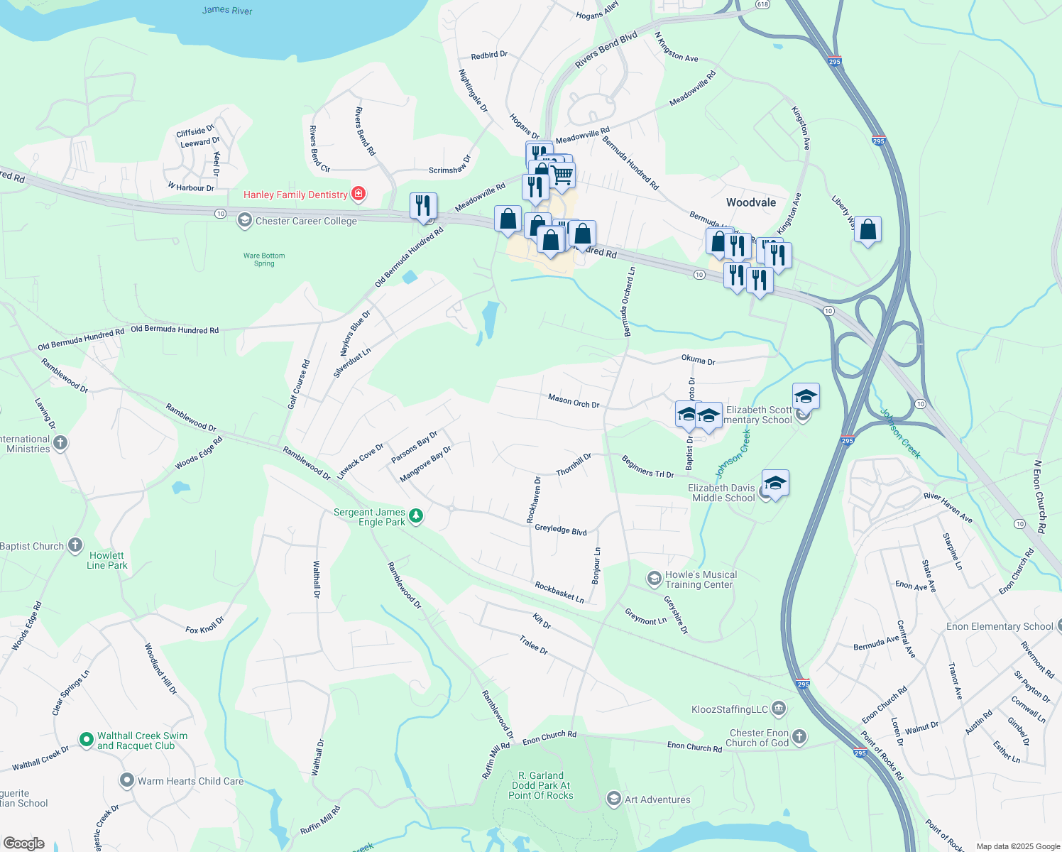 map of restaurants, bars, coffee shops, grocery stores, and more near 249 Enon Oaks Lane in Chester