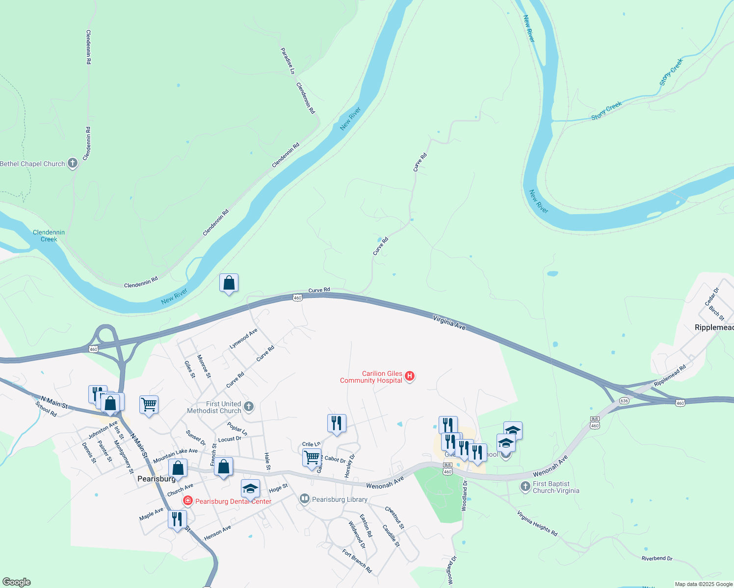 map of restaurants, bars, coffee shops, grocery stores, and more near 1967 Curve Road in Pearisburg