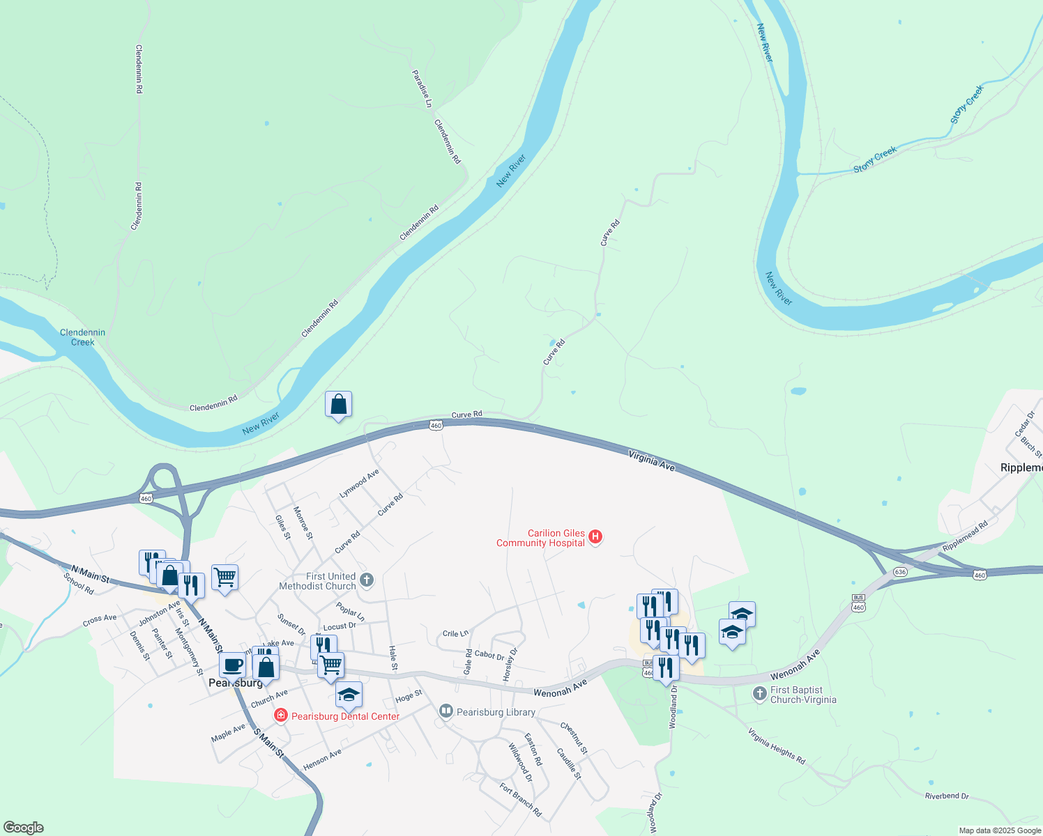 map of restaurants, bars, coffee shops, grocery stores, and more near 1913-1955 Curve Road in Pearisburg