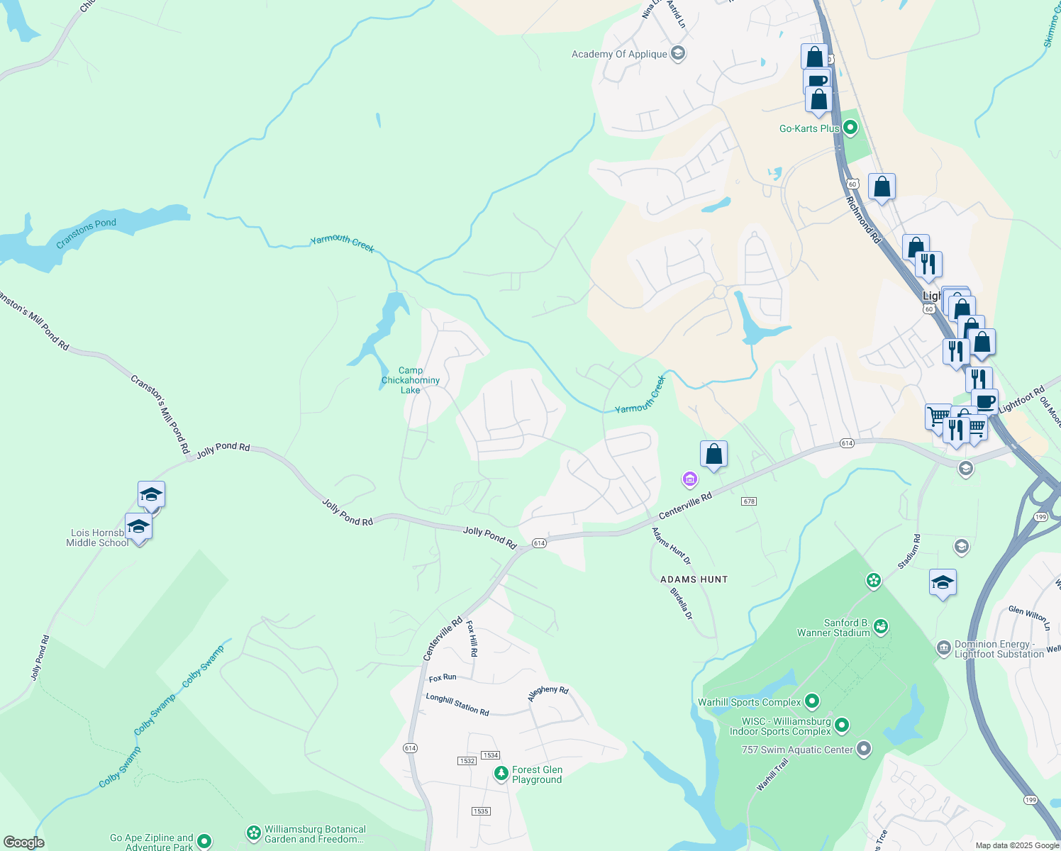 map of restaurants, bars, coffee shops, grocery stores, and more near 3948 Ethan Lane in Williamsburg