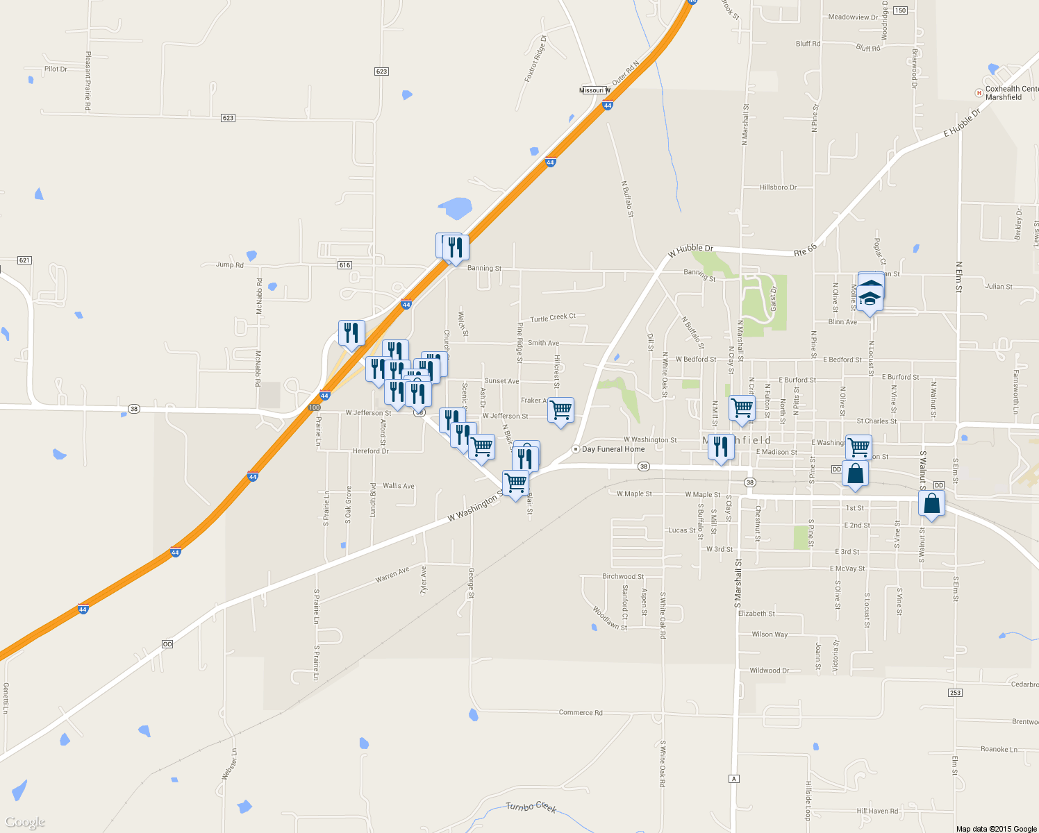 map of restaurants, bars, coffee shops, grocery stores, and more near 904 West Jefferson Street in Marshfield