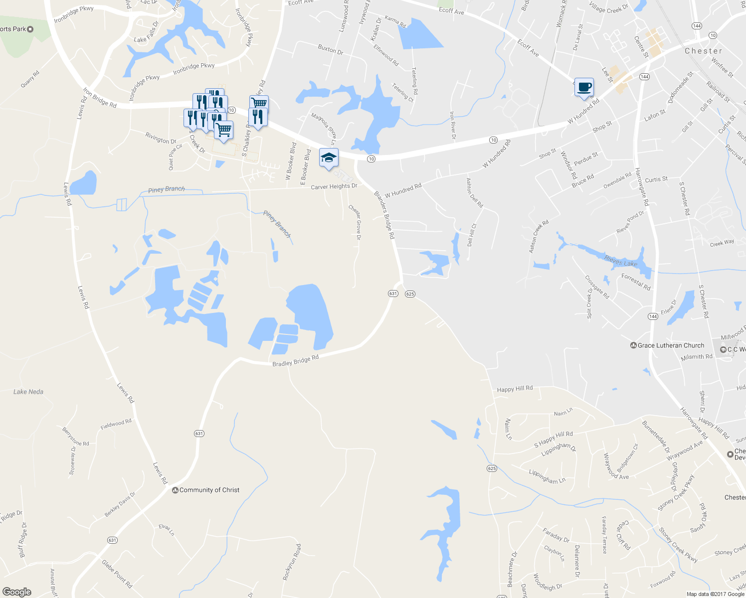map of restaurants, bars, coffee shops, grocery stores, and more near 13024 Bradley Bridge Road in Chester