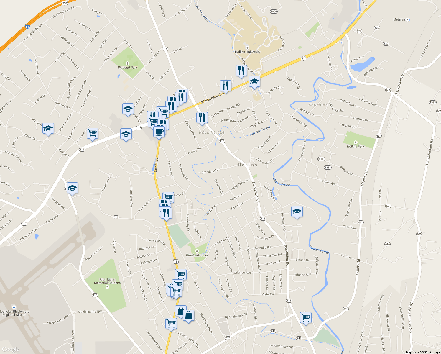 map of restaurants, bars, coffee shops, grocery stores, and more near 6750 McKinney Street in Roanoke