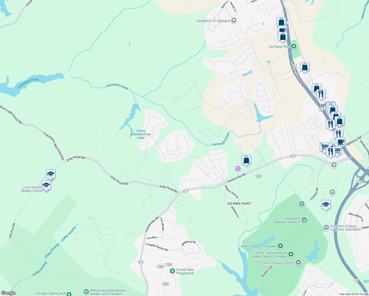 map of restaurants, bars, coffee shops, grocery stores, and more near 3956 Ethan Lane in Williamsburg